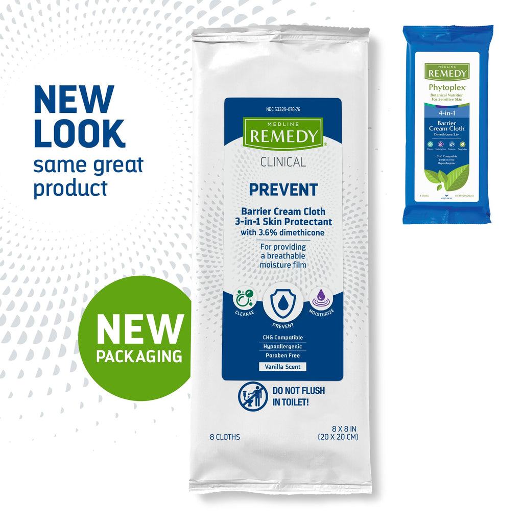 Medline Remedy Clinical 3-in-1 Barrier Cream Cloth, 8 count (32 Packs), 8 x 8 in Adult Wet Wipes, Vanilla Scent, Incontinent Car