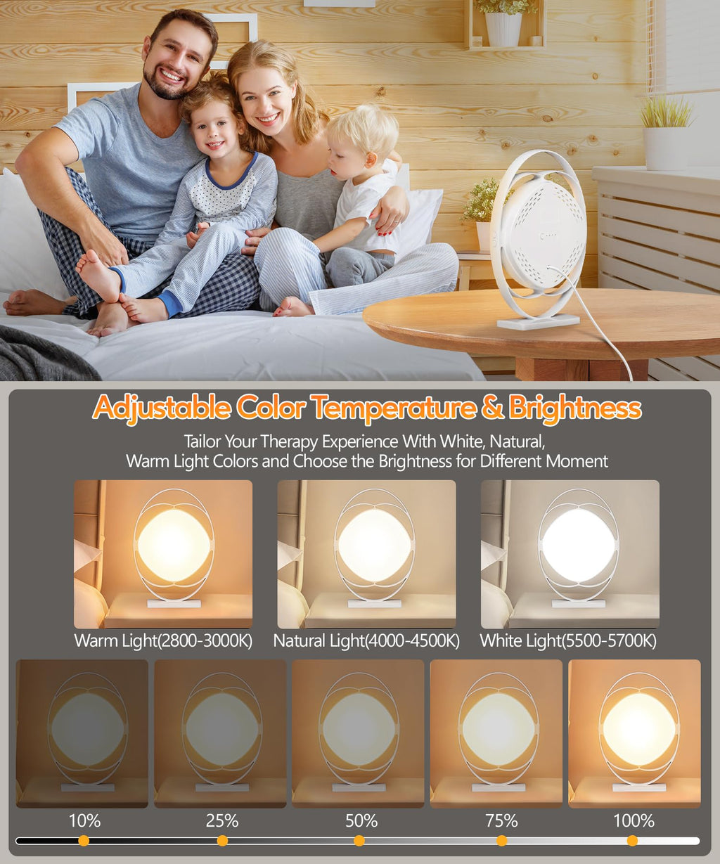 HIBOITEC Light Therapy Lamp - 10000 Lux UV-Free Sun Light With 3 Color Temperature, 5 Adjustable Brightness, Timer & Memory Func