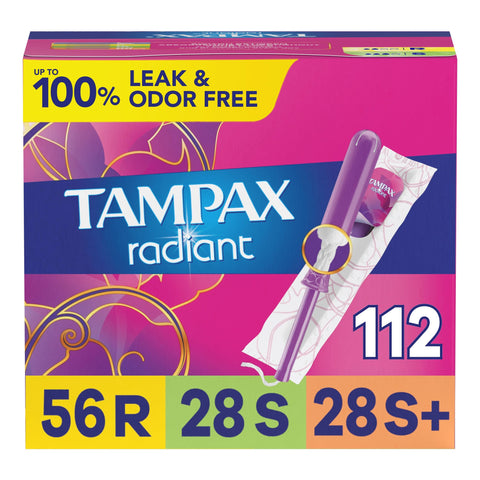 Tampax Radiant Tampons Multipack, Regular/Super/Super Plus Absorbency, With Leakguard Braid, Unscented, 28 Count X 4 Packs (112 