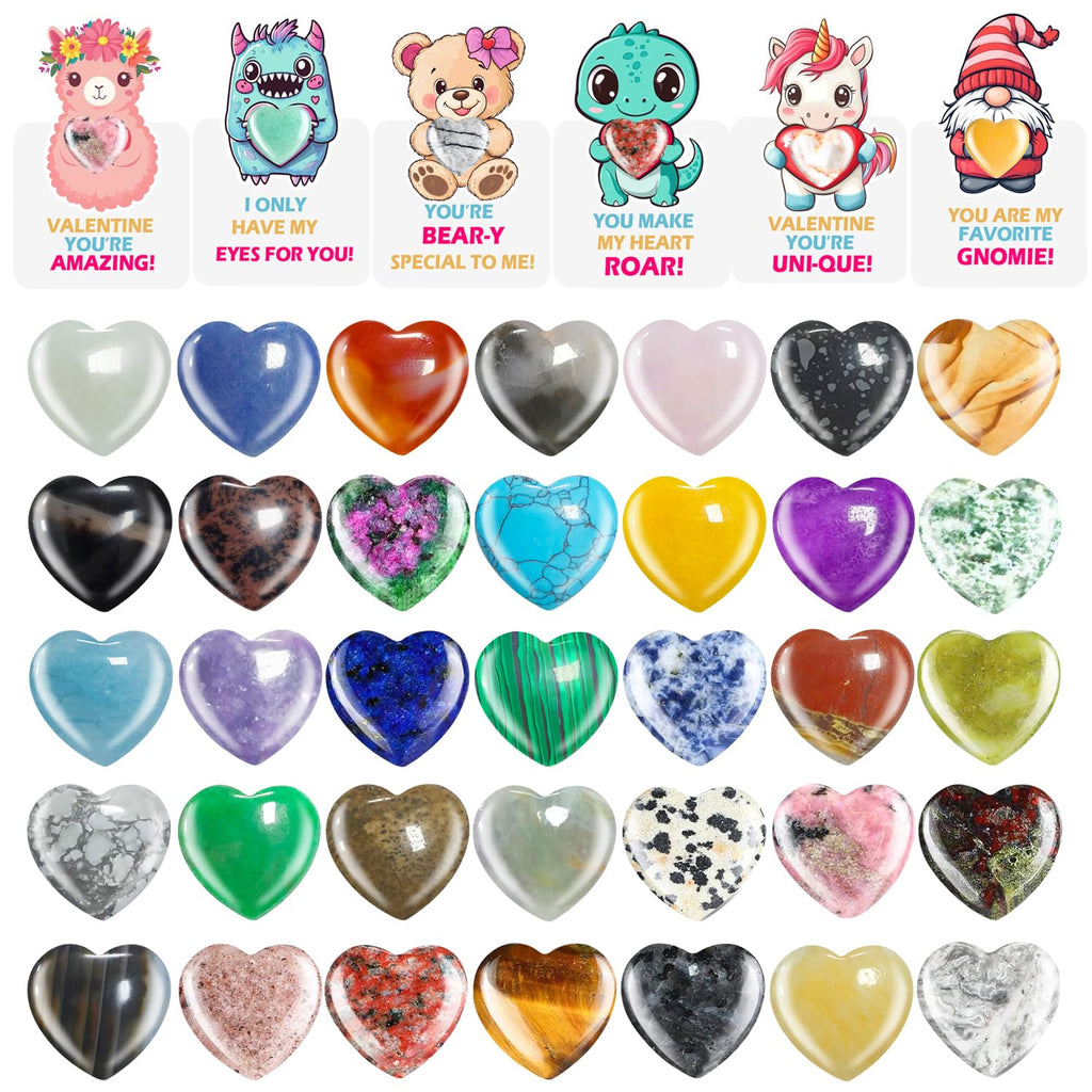 24PCS Valentine's Day Gift Cards with Natural Heart Crystals Rose Quartz Amethyst Heart Love Crystal Stones Set Bulk Polished Po