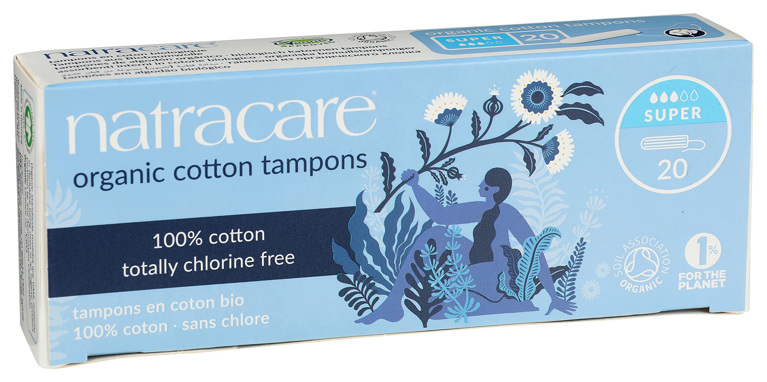 Natracare Non-Applicator 100% Organic Cotton Tampons, Super, Totally Chlorine Free, Biodegradable and Compostable (1 Pack, 20 Ta