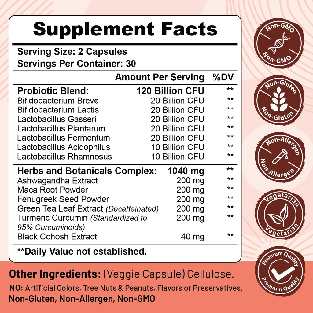 Menopause supplements for women, 120 Billion CFU Probiotic, 13-in-1 Herbs & Botanicals Complex, for Hormone Menopause, Hot Flash