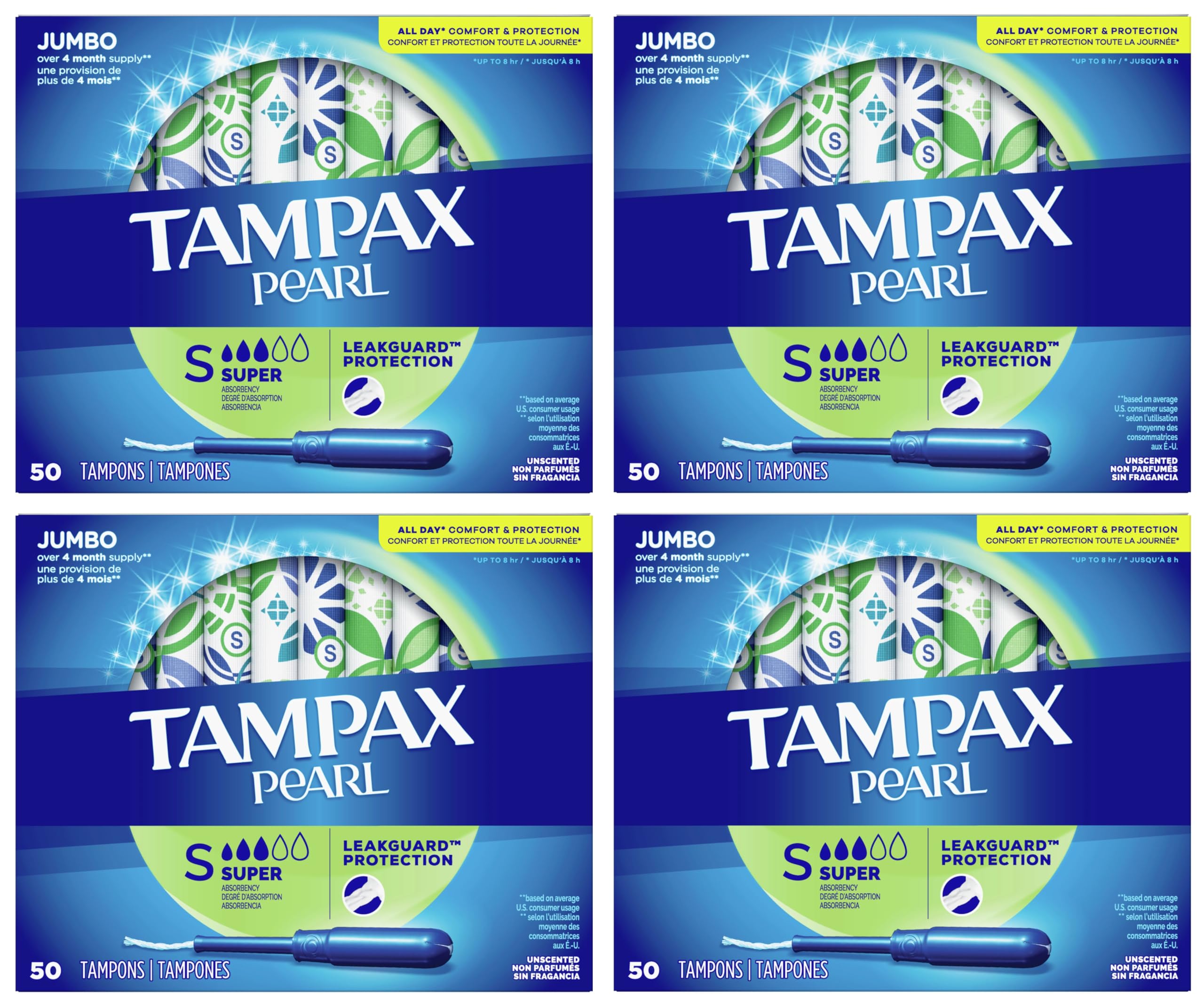 Tampax Pearl Tampons with Plastic Applicator, Super Absorbency, 200 Count, Unscented (50 Count, Pack of 4 - 200 Count Total)
