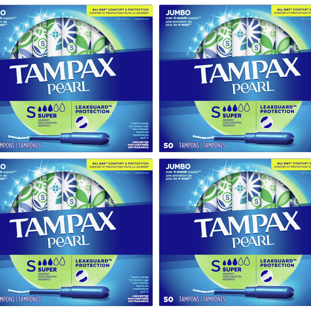 Tampax Pearl Tampons with Plastic Applicator, Super Absorbency, 200 Count, Unscented (50 Count, Pack of 4 - 200 Count Total)