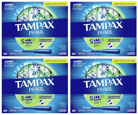 Tampax Pearl Tampons with Plastic Applicator, Super Absorbency, 200 Count, Unscented (50 Count, Pack of 4 - 200 Count Total)