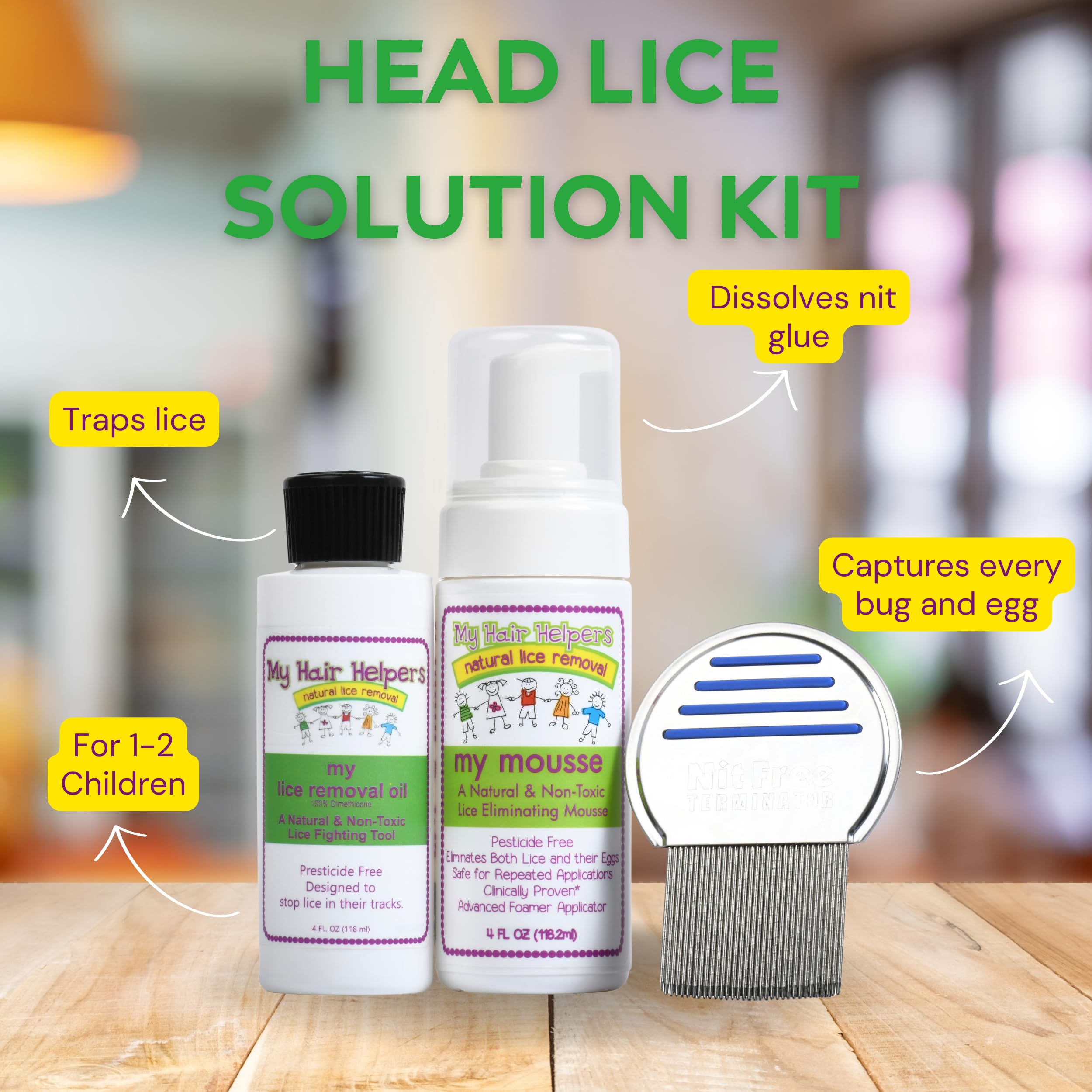 My Hair Helpers Head Lice Solution Kit with Lice Comb, Dimethicone Oil, and Mousse, Easy at Home Use, for 1-2 Kids