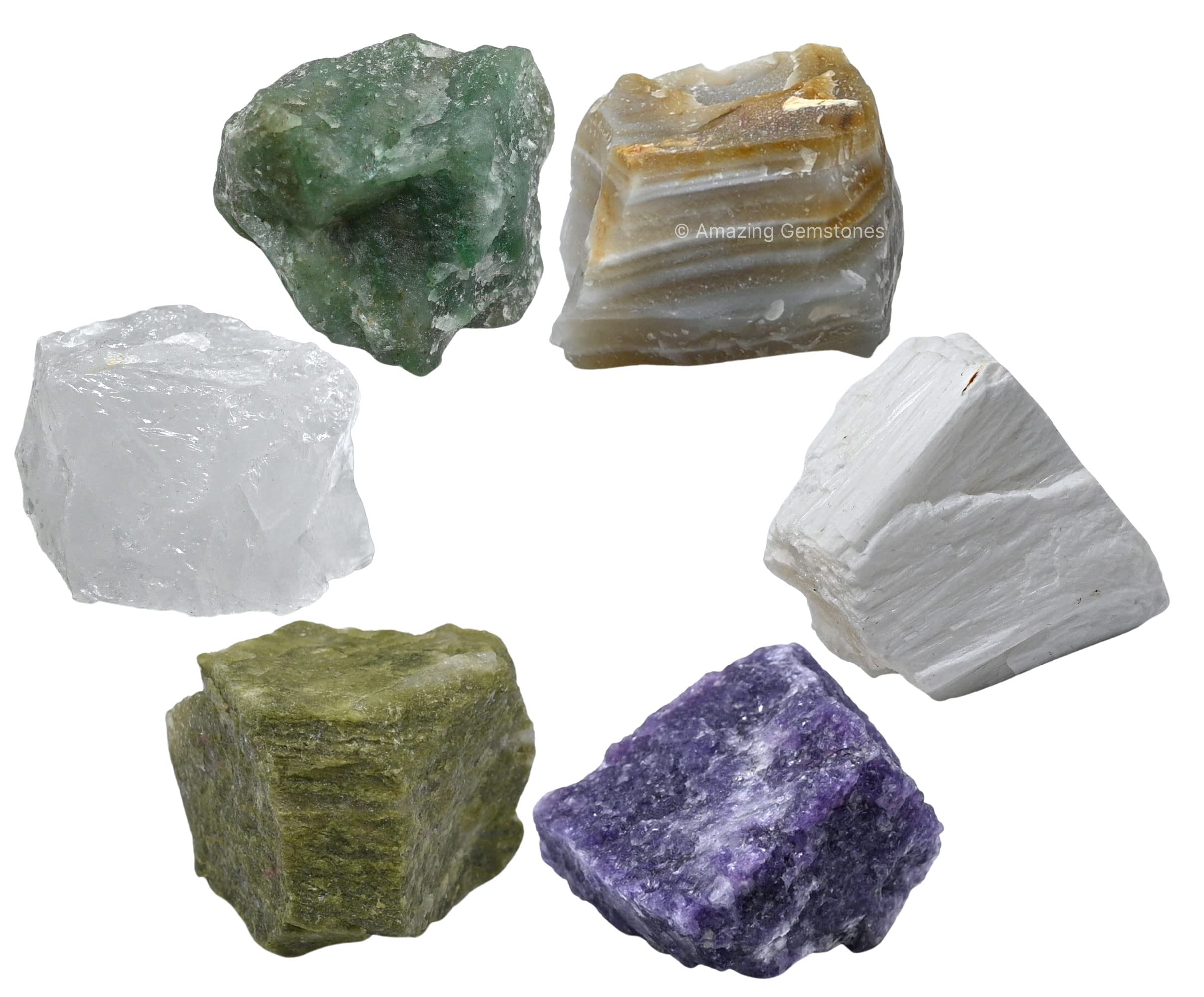 Crystals for Emotional Trauma Manifestation, Set of 6 Lepidolite, Green Aventurine, Scolecite, Vesuvianite, Lace Agate and Clear