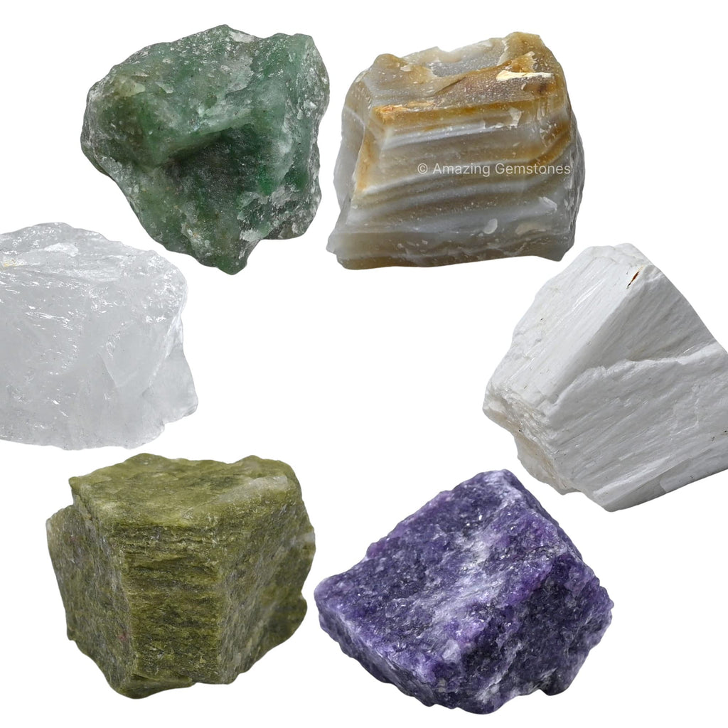 Crystals for Emotional Trauma Manifestation, Set of 6 Lepidolite, Green Aventurine, Scolecite, Vesuvianite, Lace Agate and Clear