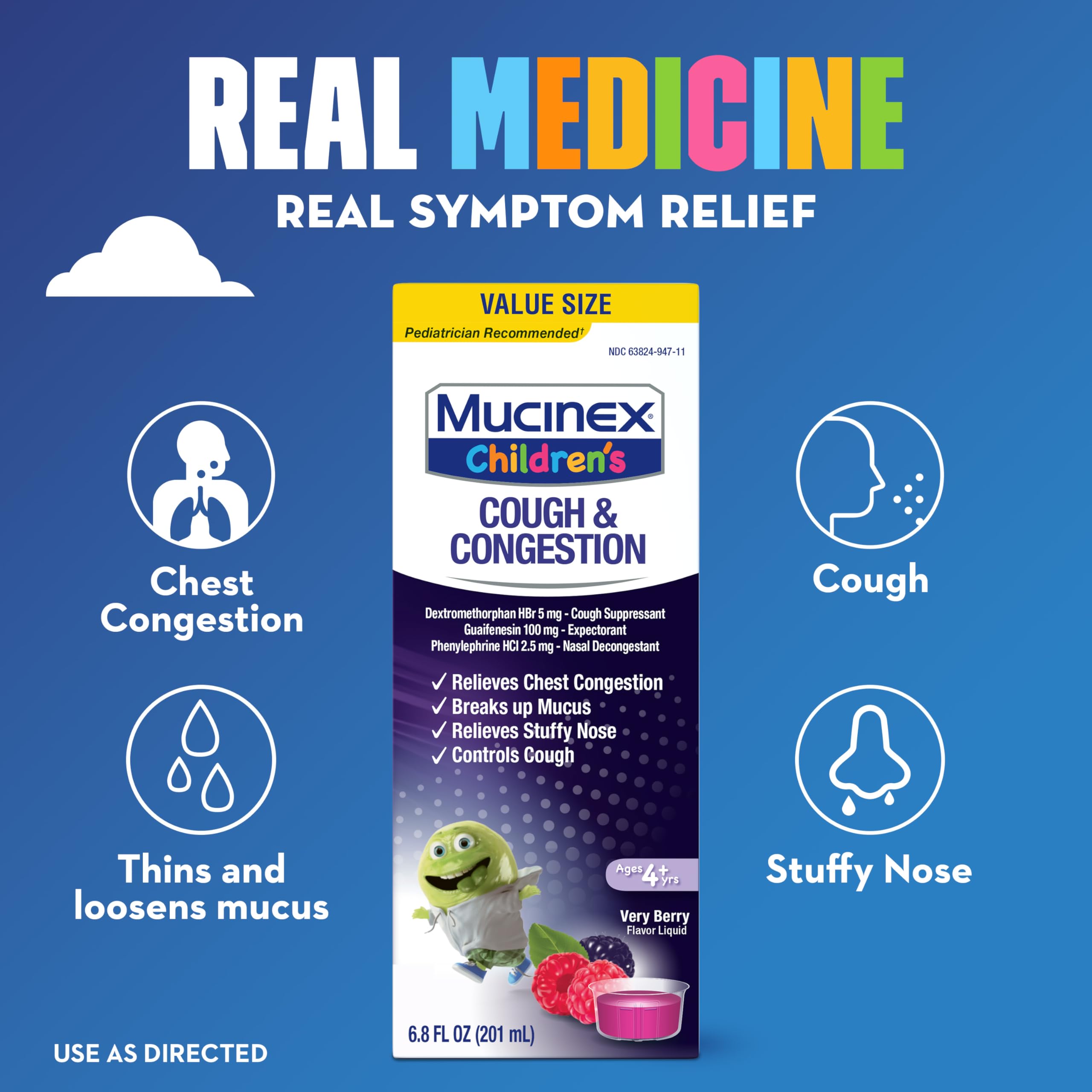 Mucinex Childrens Congestion & Cough Liquid, Berrylicious, 6.8oz (Packaging May Vary)