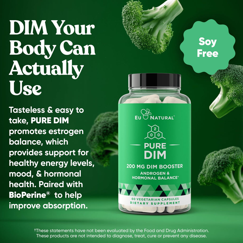 DIM Supplement Pure 200 Mg for Women or Men - Estrogen Hormone Balance Supplement for Energy, Fatigue, Stress, Menopause, Hot Fl