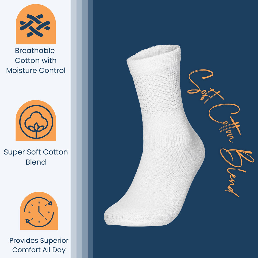 Special Essentials 12 Pairs Cotton Diabetic Ankle Socks - Non-Binding With Extra Wide Top For Men and Women White 10-13