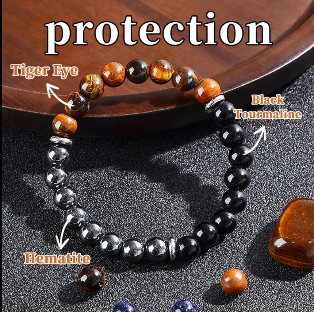 TUBIANCA Triple Protection Tiger Eye, Black Tourmaline, and Hematite Bracelet, Strength, Protection & Balance for Men & Women, G
