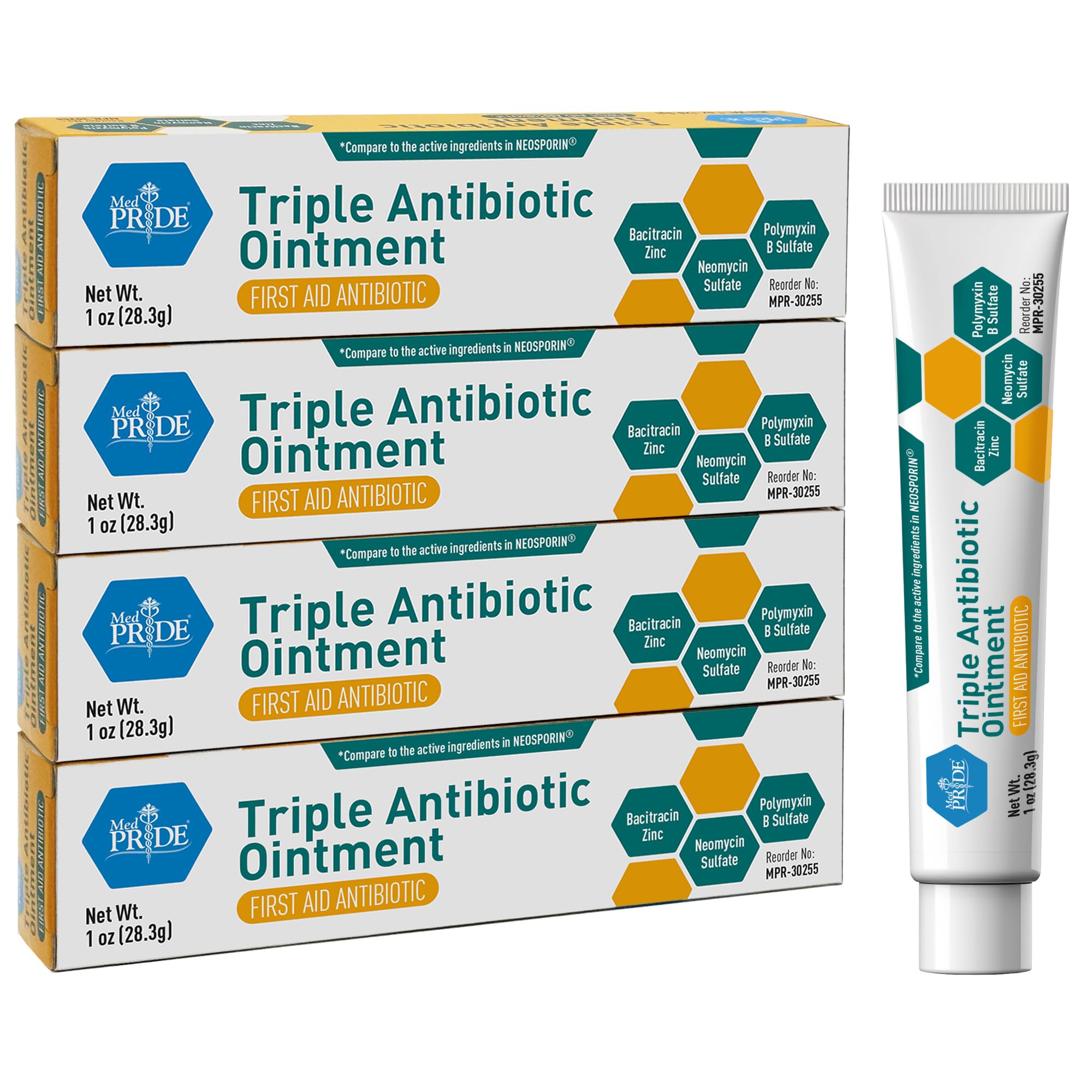 MED Pride Triple Antibiotic Pride Ointment Tube 1 Oz 4-Pack, First Aid for Minor Wounds, Scratches, Abrasions, with Zinc, Neomyc