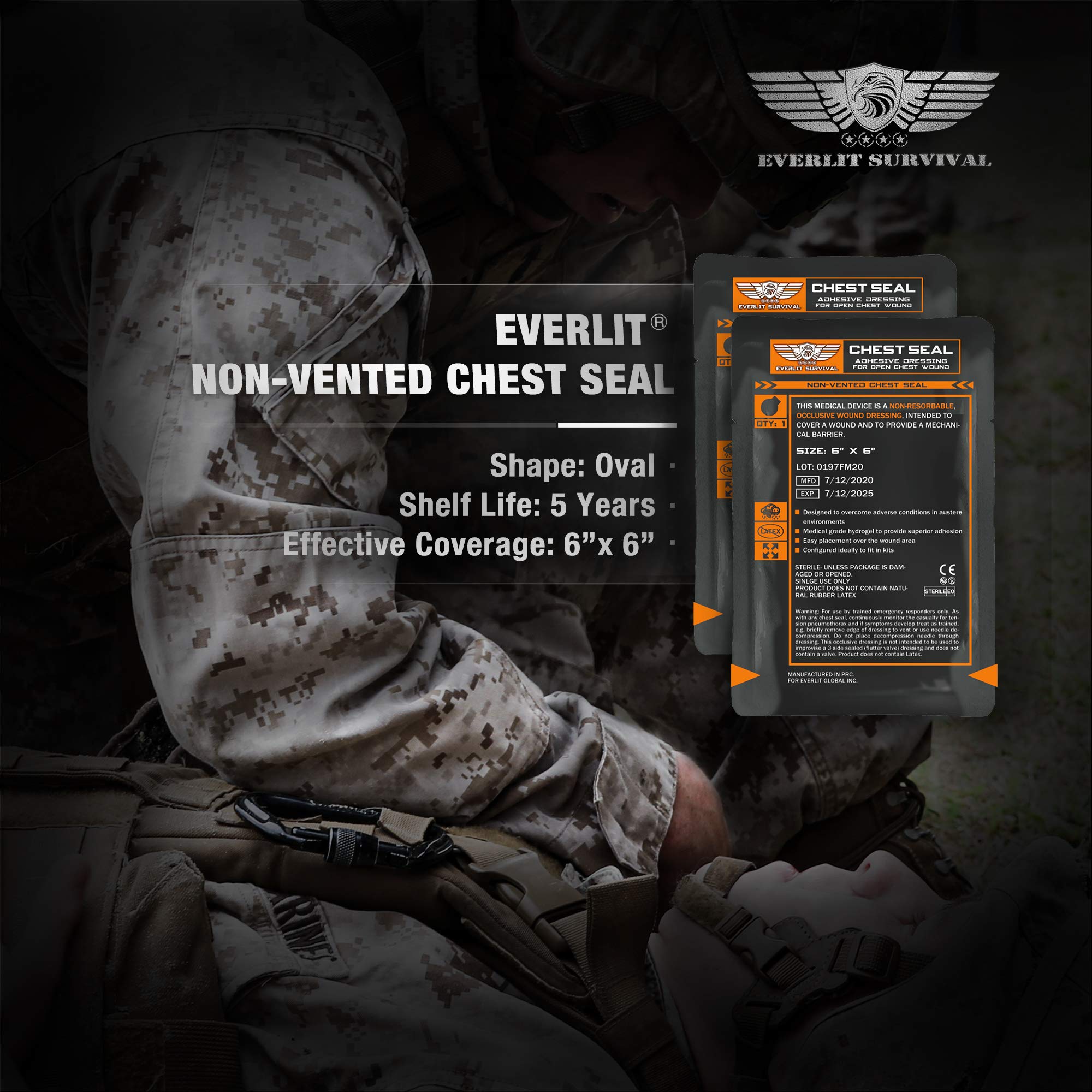 EVERLIT Occlusive Chest Seal Non-Vented Adhesive Dressing for Open Chest Injury and Sucking Chest Wound (10 Count)