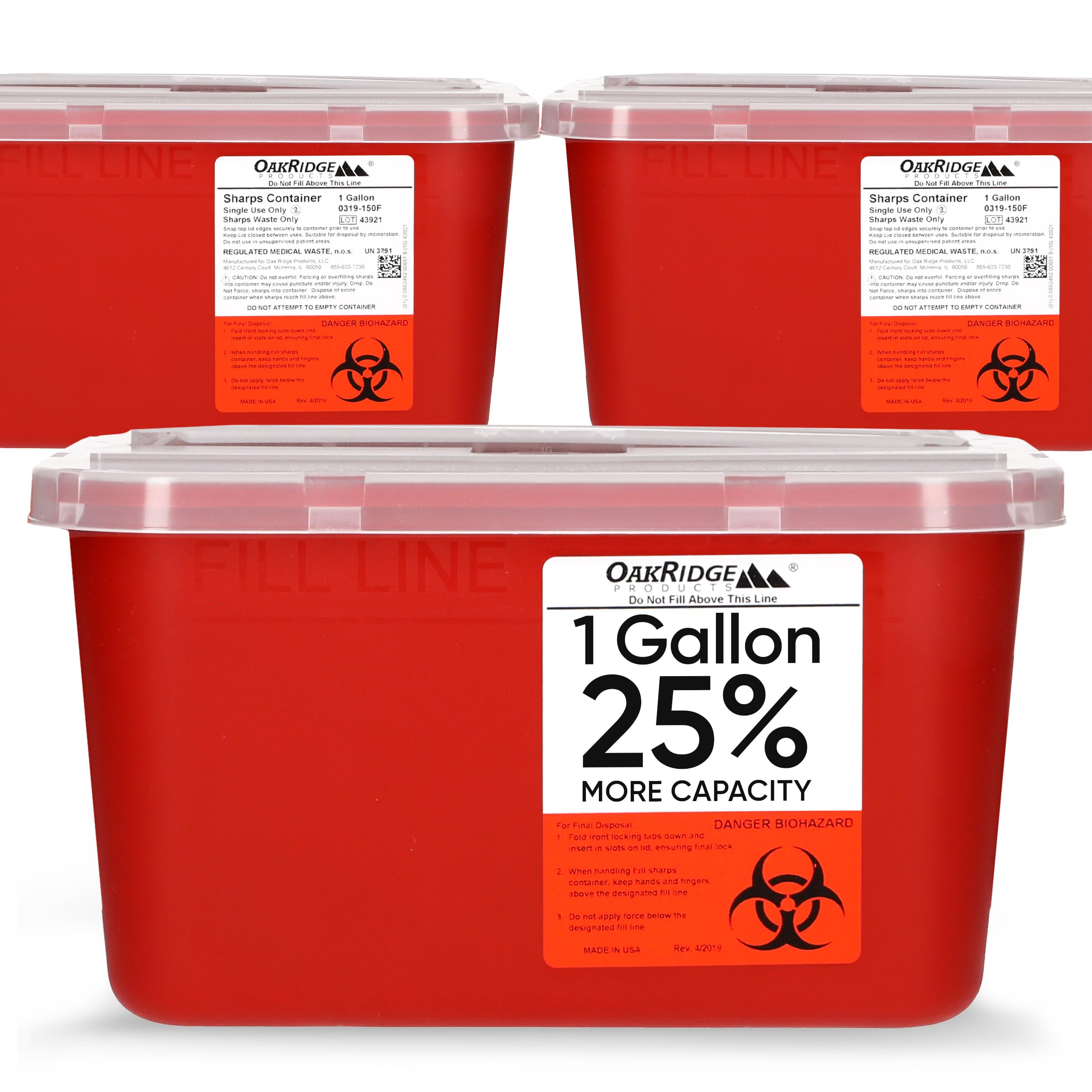 Oakridge Products Large Sharps Container for Home Use and Professional 1 Gallon (3-Pack), Biohazard Needle and Syringe Disposal,