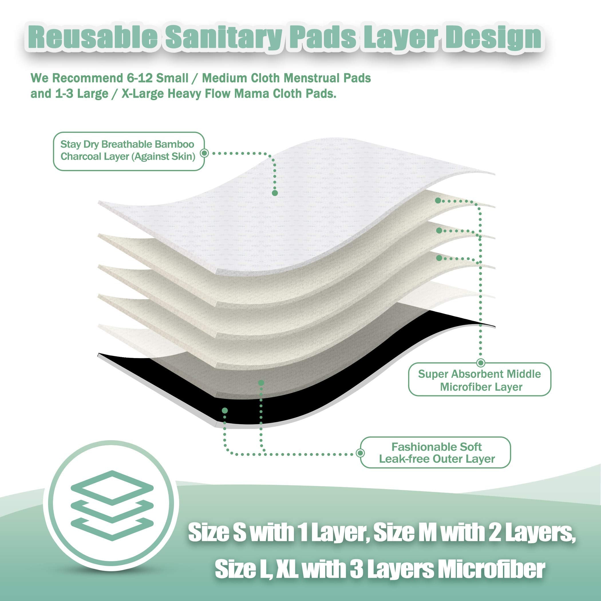 wegreeco Charcoal Reusable Menstrual Pads - Reusable Sanitary Pads | Reusable Panty Liners | Soft Cloth Menstrual Pads - 6 Pack