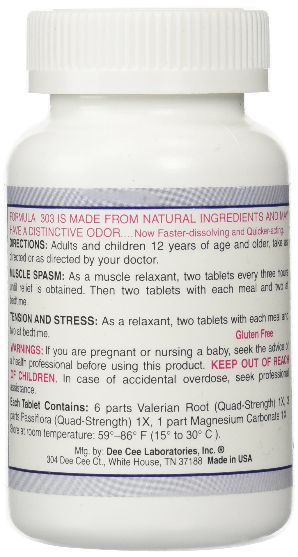 Dee Cee Labs Formula 303 Maximum Strength All-Natural Relaxant Tablets, 250 Tablets; All-Natural Relaxant containing Magnesium f
