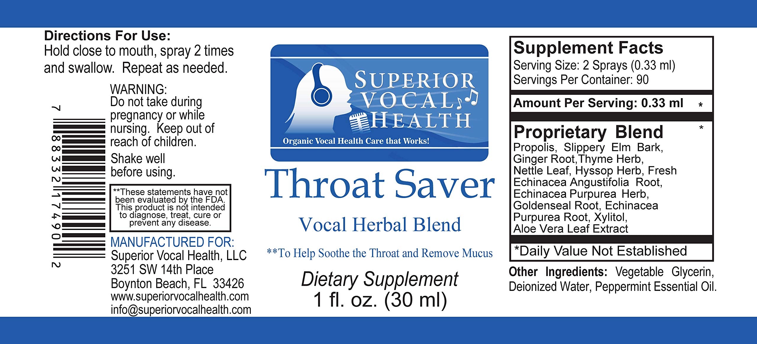 SUPERIOR VOCAL HEALTH Throat Saver Herbal/Organic Vocal Spray for Singers