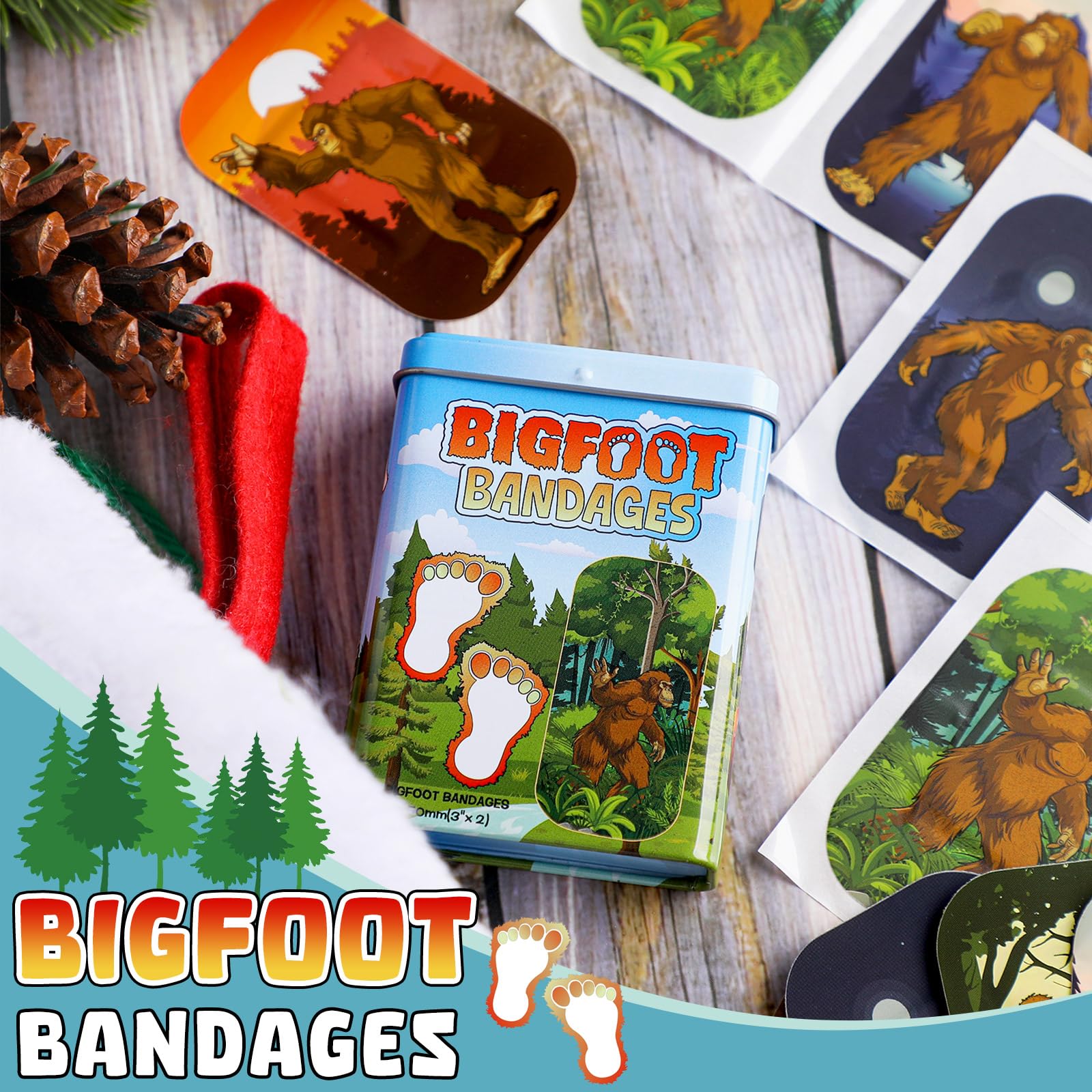 Nuanchu 24 Pcs Bigfoot Bandages Sasquatch Gifts 6 Patterns Christmas Funny Bigfoot Gifts Waterproof Large Bandages for Adults We