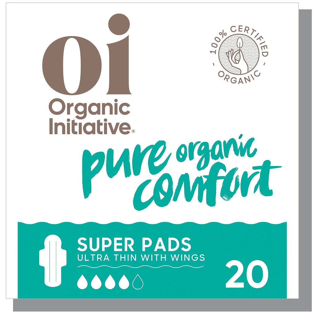 Oi | Organic Initiative - Ultra-Thin Pads with Wings | Super | 100% Certified Organic Cotton, Unscented | Leak Free, Biodegradab