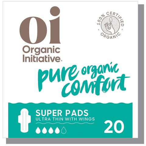 Oi | Organic Initiative - Ultra-Thin Pads with Wings | Super | 100% Certified Organic Cotton, Unscented | Leak Free, Biodegradab