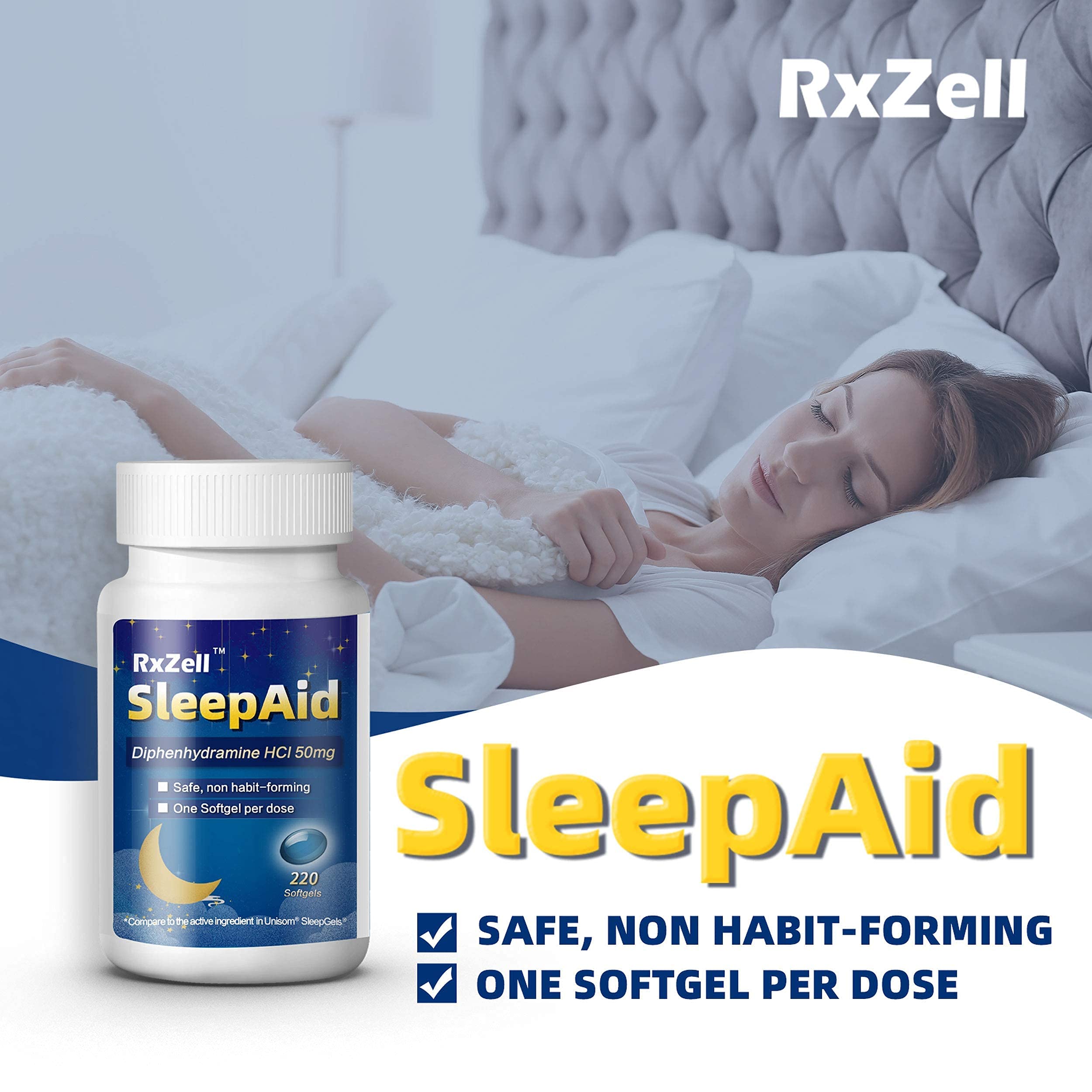 RXZELL Sleep Aid, Diphenhydramine 50mg, Easy-to-Swallow Softgels, Supports Deeper Restful Sleeping, Non Habit-Forming (220 Count