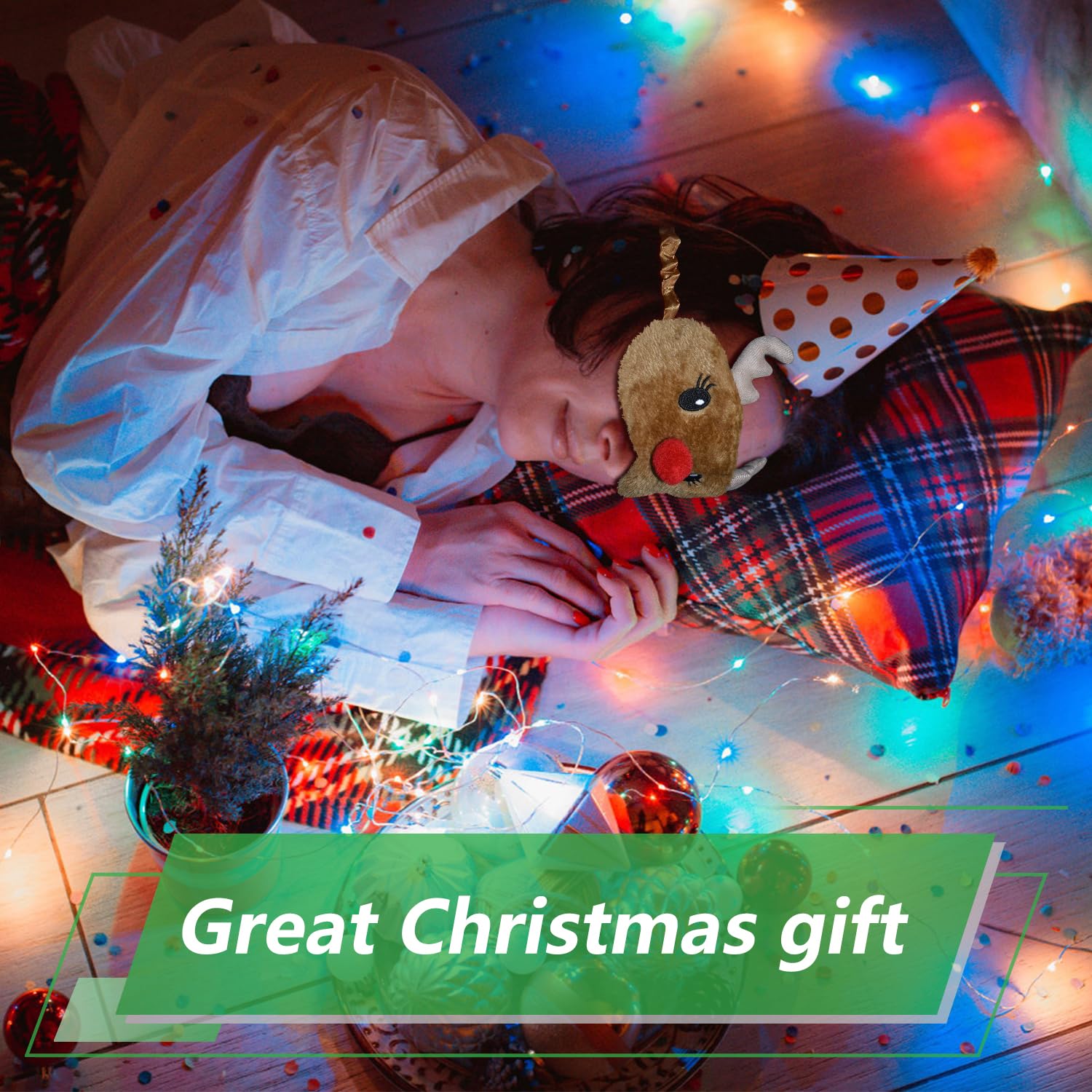 FUNAUPGO Christmas Reindeer Sleeping Mask Eye Mask Cute Animal Rudolph Sleep Mask Soft Plush Blindfold Funny Eye Cover Eyeshade