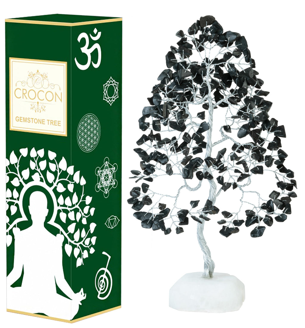 Black Tourmaline Gemstone Tree of Life Quartz Base Chakra Tree for Positive Energy, Handmade Crystal Tree Feng Shui Decor Money 