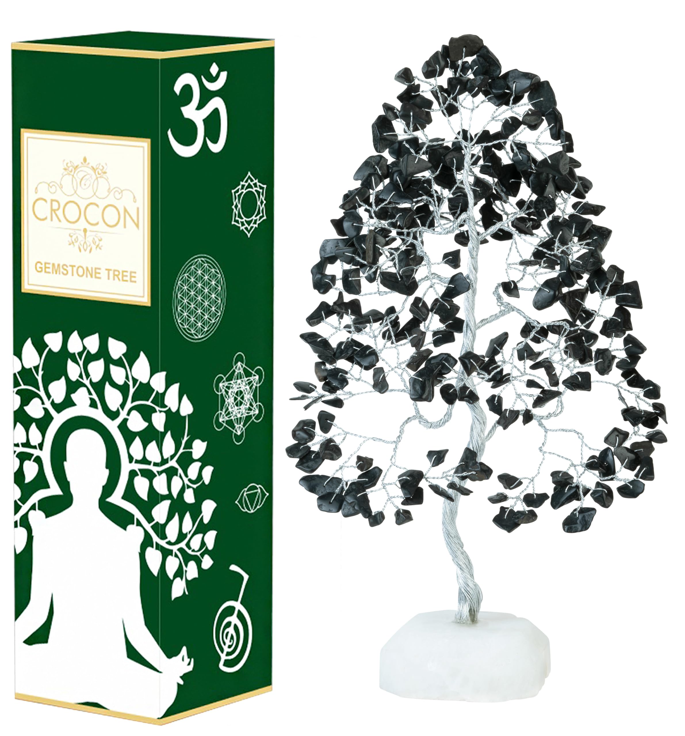 Black Tourmaline Gemstone Tree of Life Quartz Base Chakra Tree for Positive Energy, Handmade Crystal Tree Feng Shui Decor Money 
