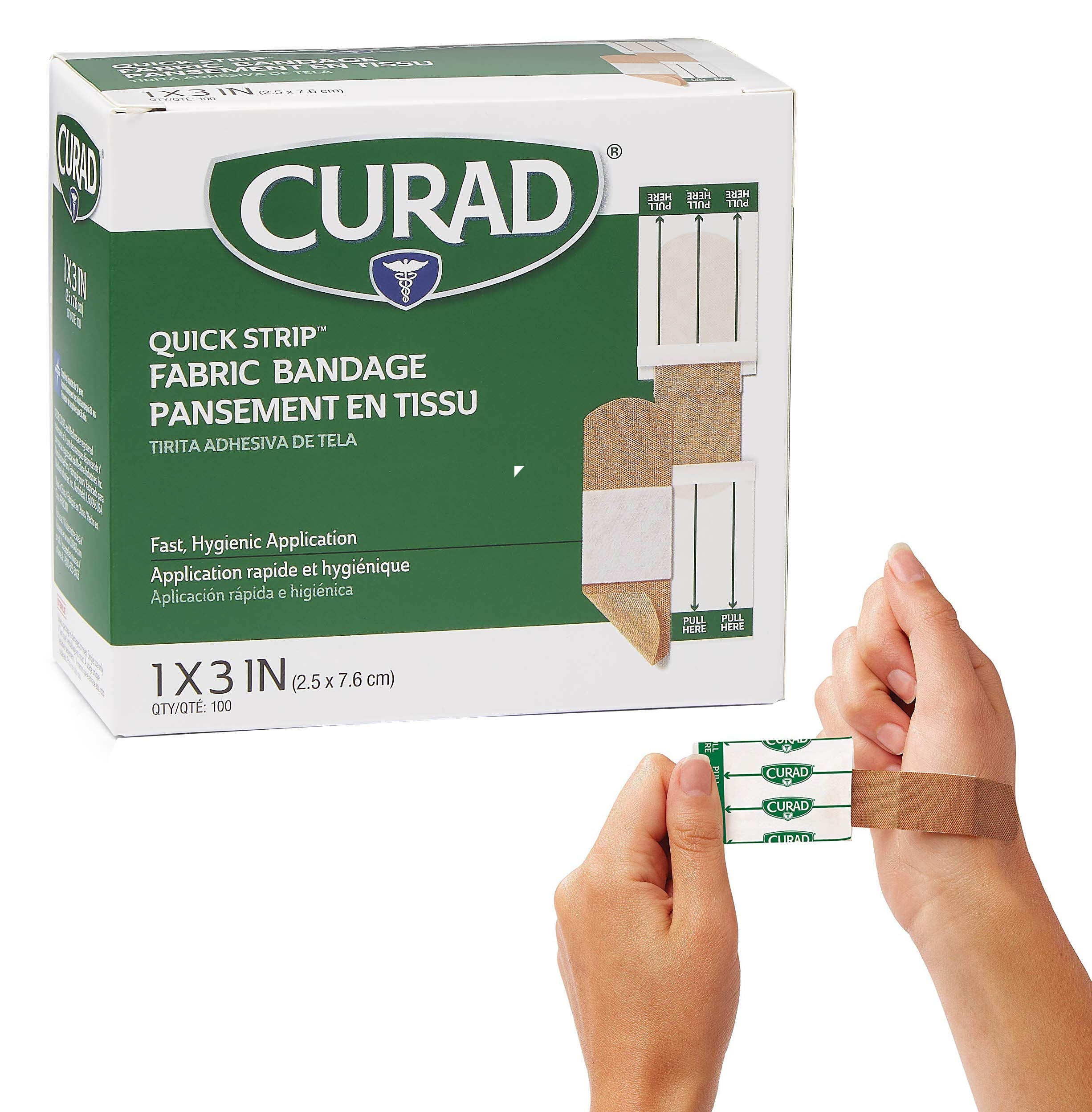 Curad Quick Strip Fabric Adhesive Bandages with Easy Application Wrapper, Bandage Size is 1 x 3 inches, 100 Count