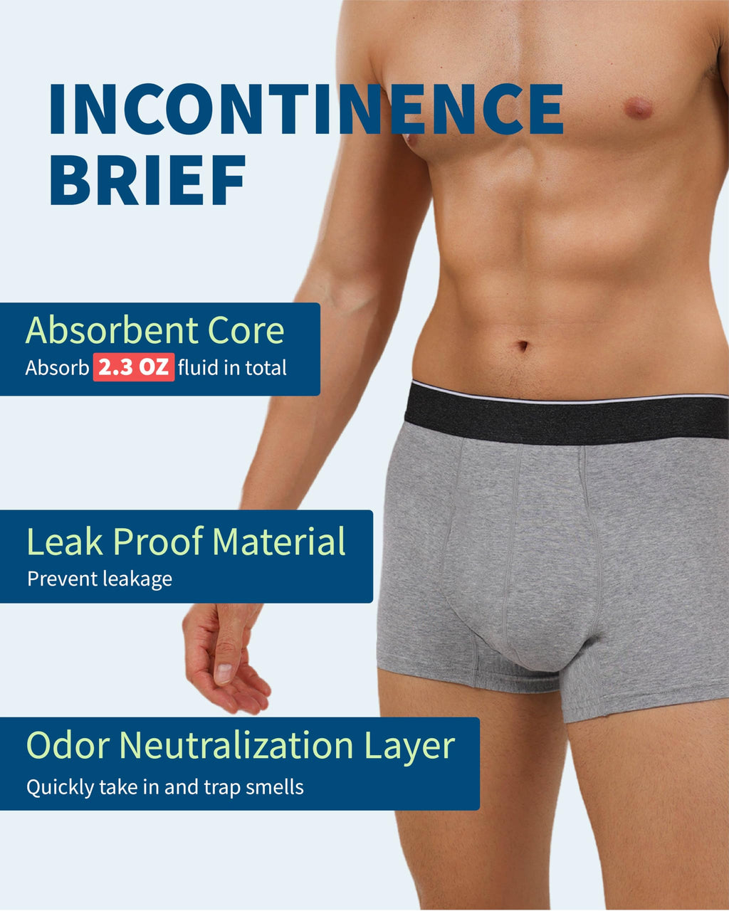 REELINDRY Mens Incontinence Underwear Washable, 2.3 oz Leak Proof Absorbent Odor Neutralization Briefs for Bladder Leak 2 Pack(G