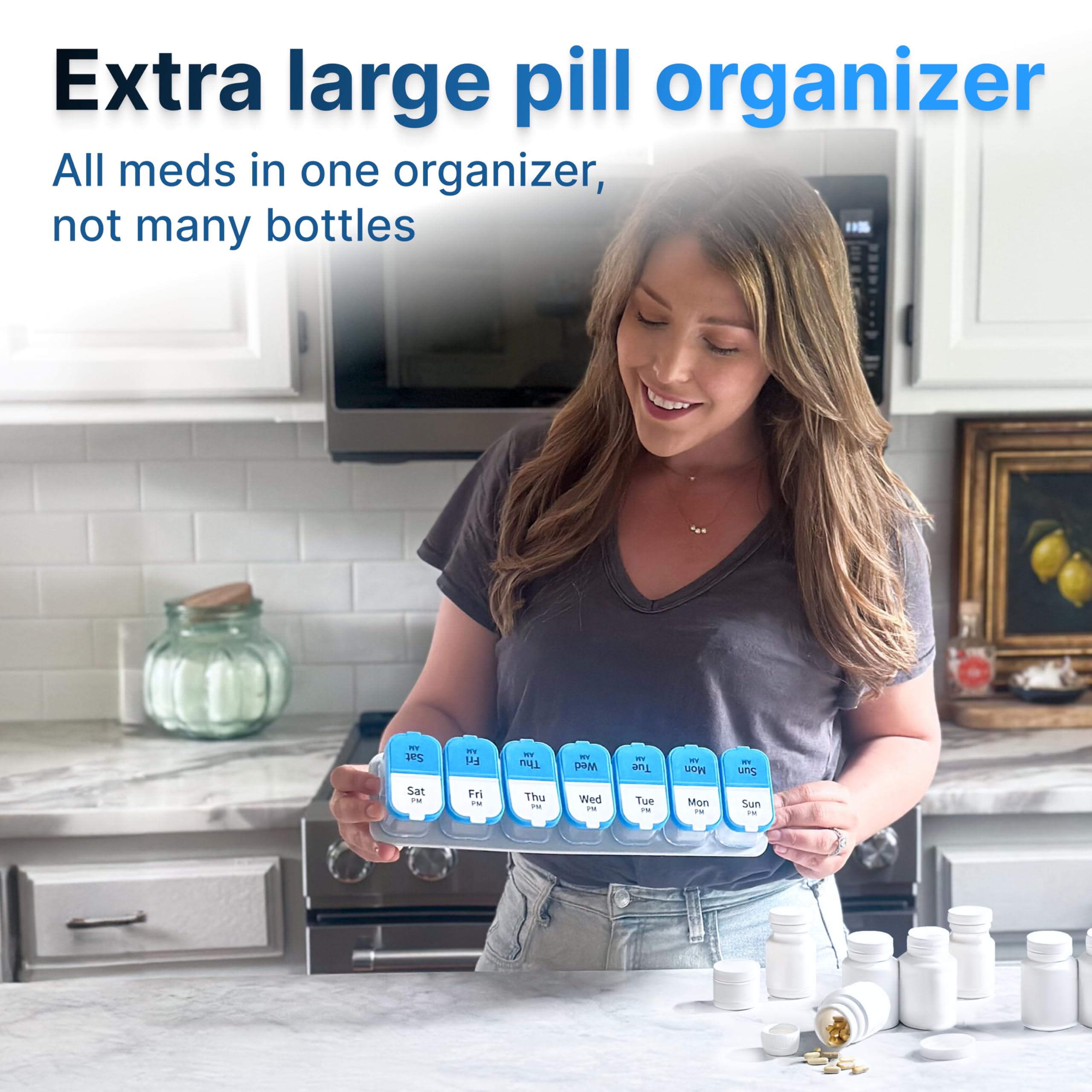 Extra Large Weekly Pill Organizer - XL Daily Pill Box - 7 Day Am Pm Pill Case Jumbo Pill Container for Supplements Big Pill Hold