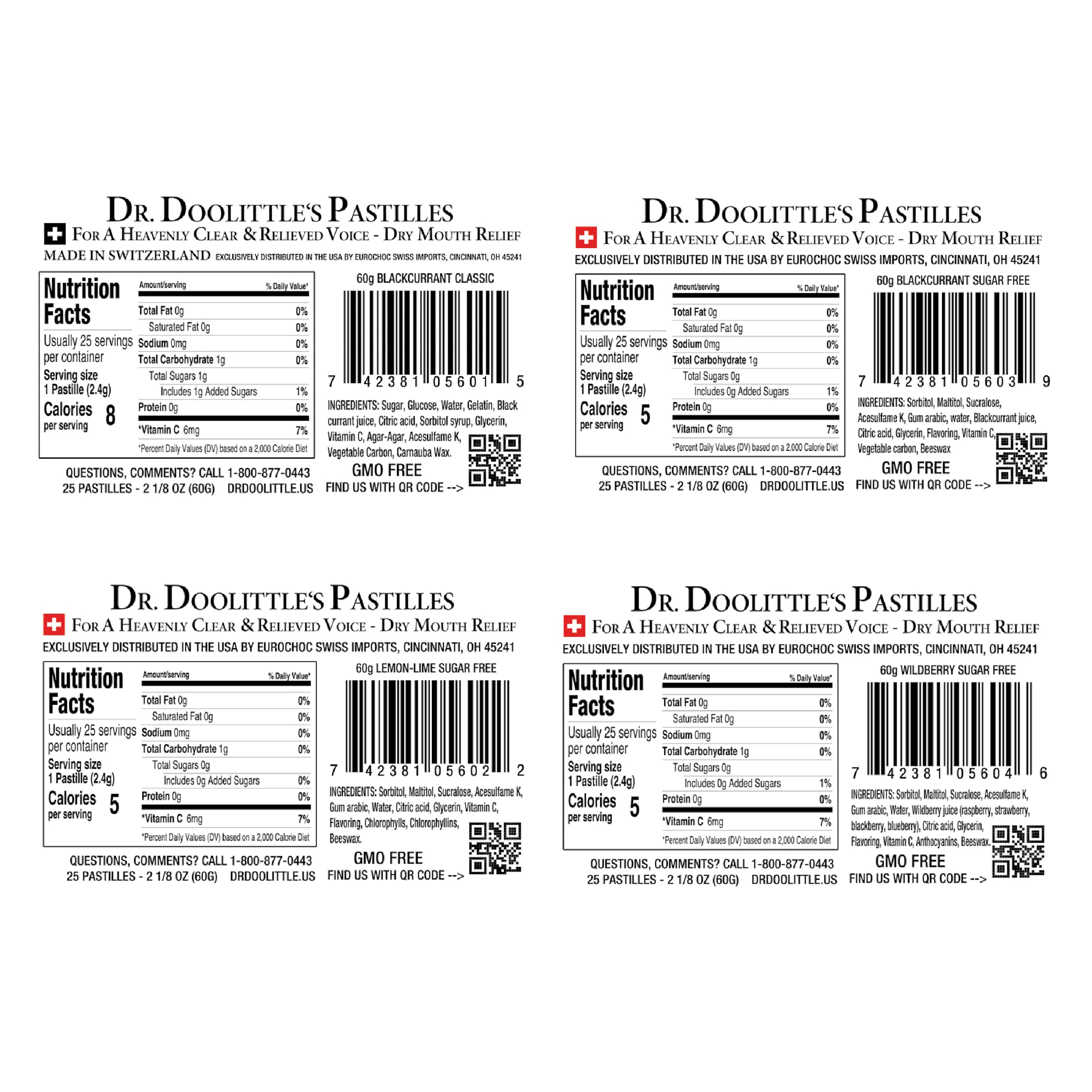 Dr. Doolittles Soft Fruit Pastilles Sugar Variety Pack for Voice and Throat, Blackcurrant, Lemon Lime, and Wild Berries, 2.12 Ou