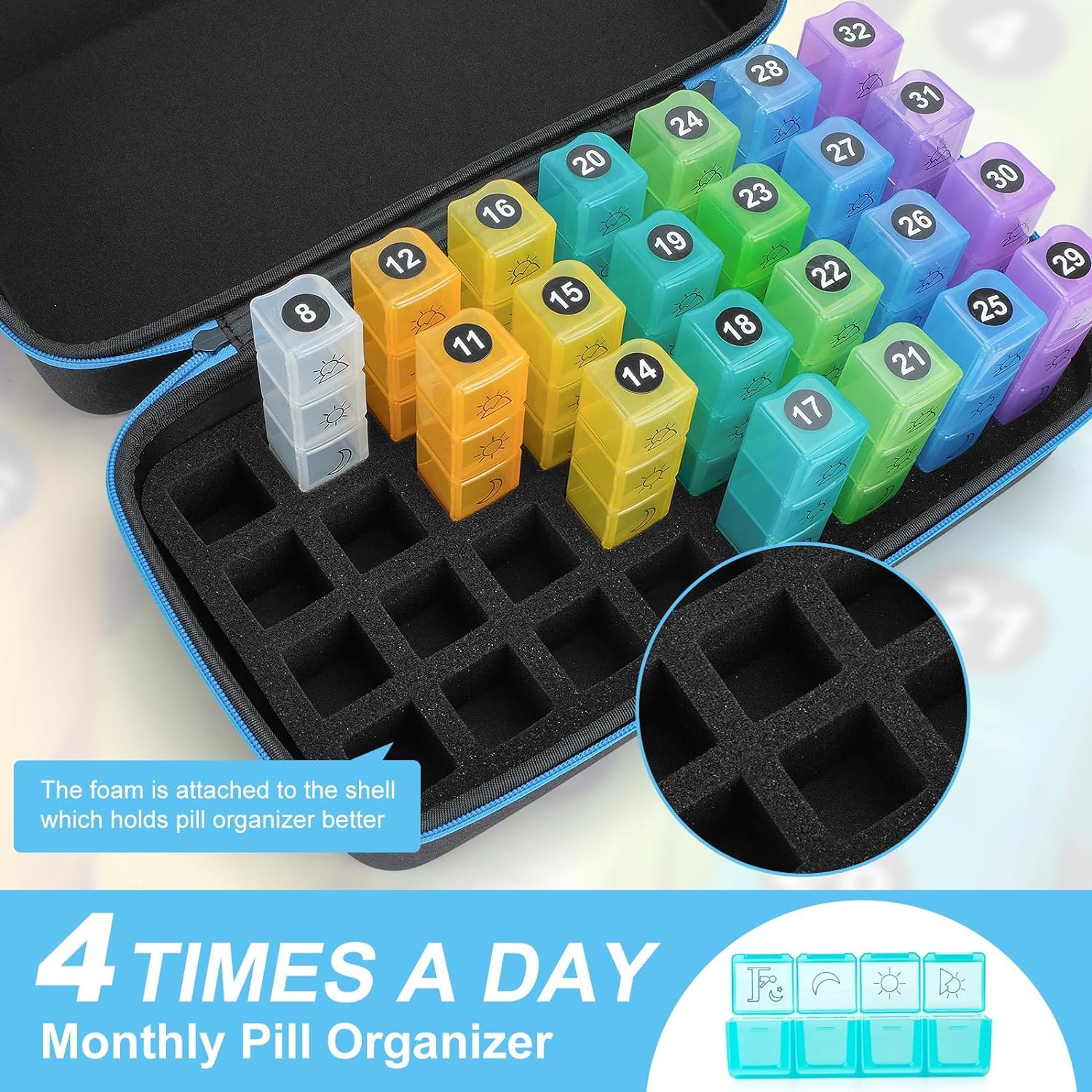 Yewltvep Monthly Pill Organizer 4 Times a Day, Pill Box Organizer with 32 Daily Compartments, 30 Day Pill Organizer 4 Times a Da