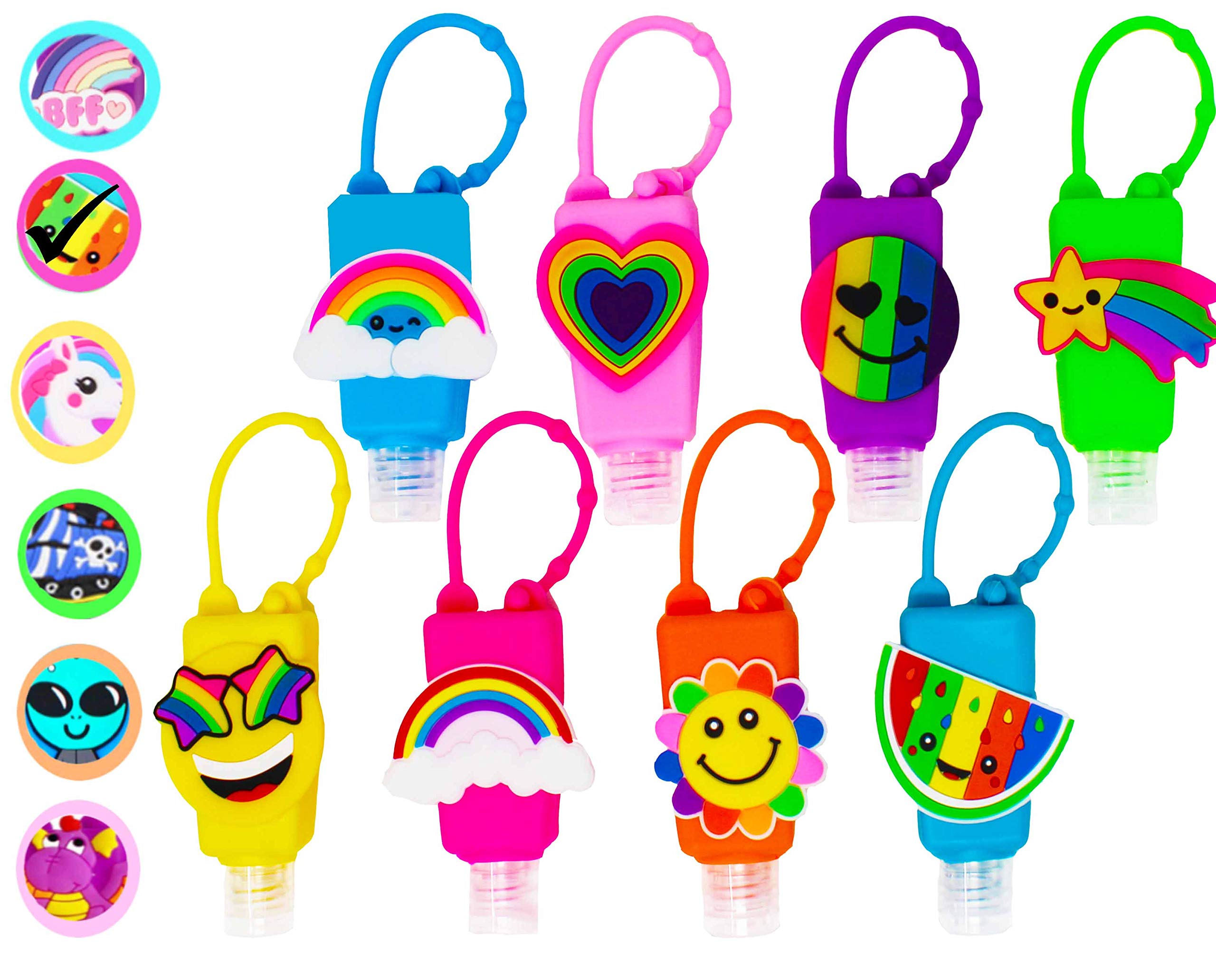 KINIA 8 Pack Empty RAINBOW Kids Hand Sanitizer Travel Size Holder Keychain Carriers, 8-1 fl Oz. Flip Cap Reusable Empty Portable