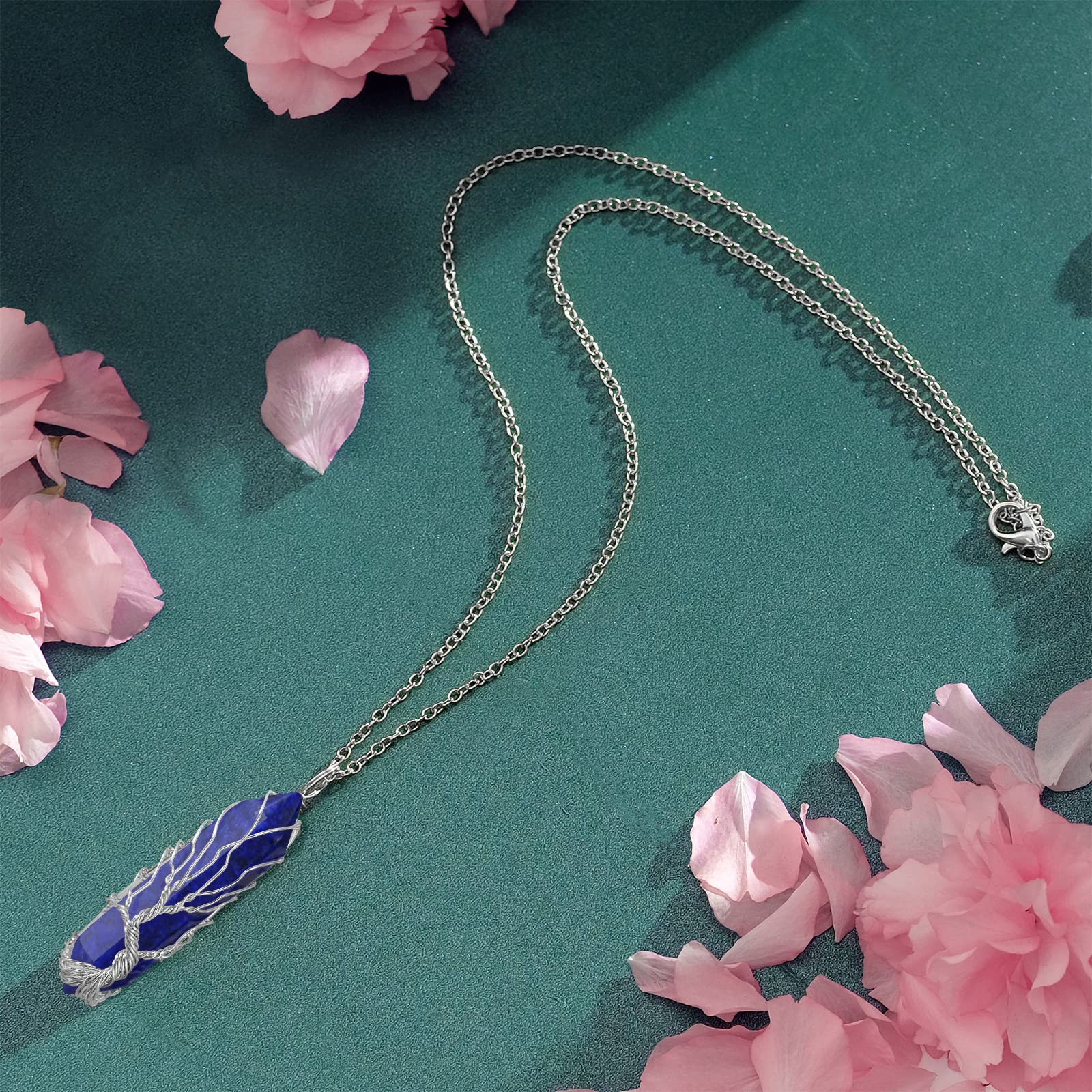 VIBILIA Healing Crystal Necklace Tree of Life Wire Wrapped Lapis Lazuli Stone Point Pendant Necklace Hexagonal Reiki Spiritual Q