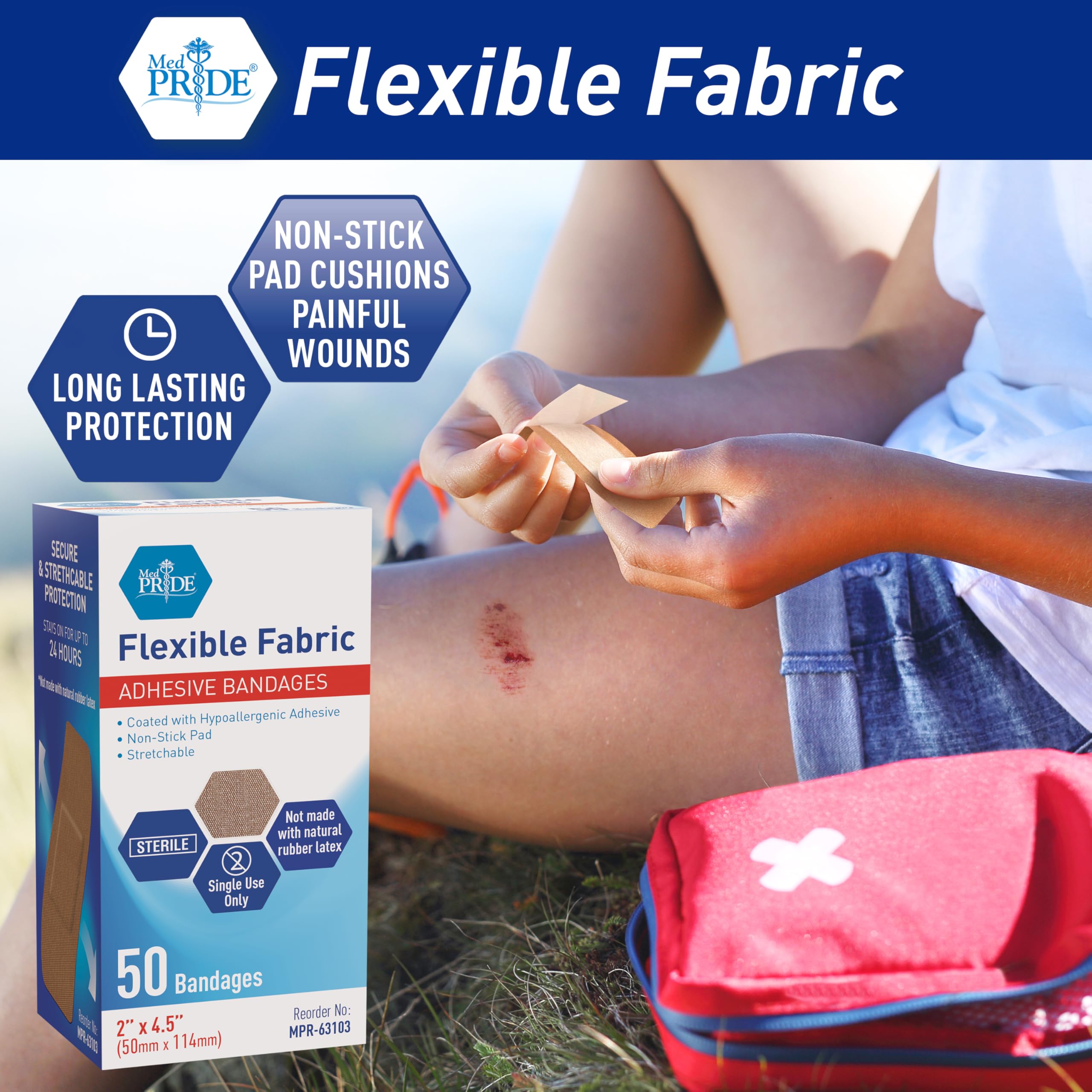 MED PRIDE Sterile Hypoallergenic Fabric Adhesive Bandages, Latex Free, Individually Wrapped, Flexible and Breathable (2    x 4.5