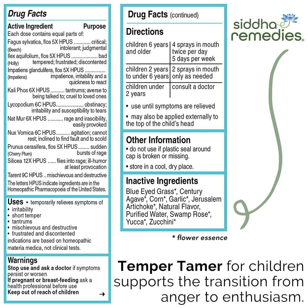 Siddha Remedies Temper Tamer Spray for Children with Tantrums, Short Temper | 100% Natural Homeopathic Remedy Ingredients, Cell