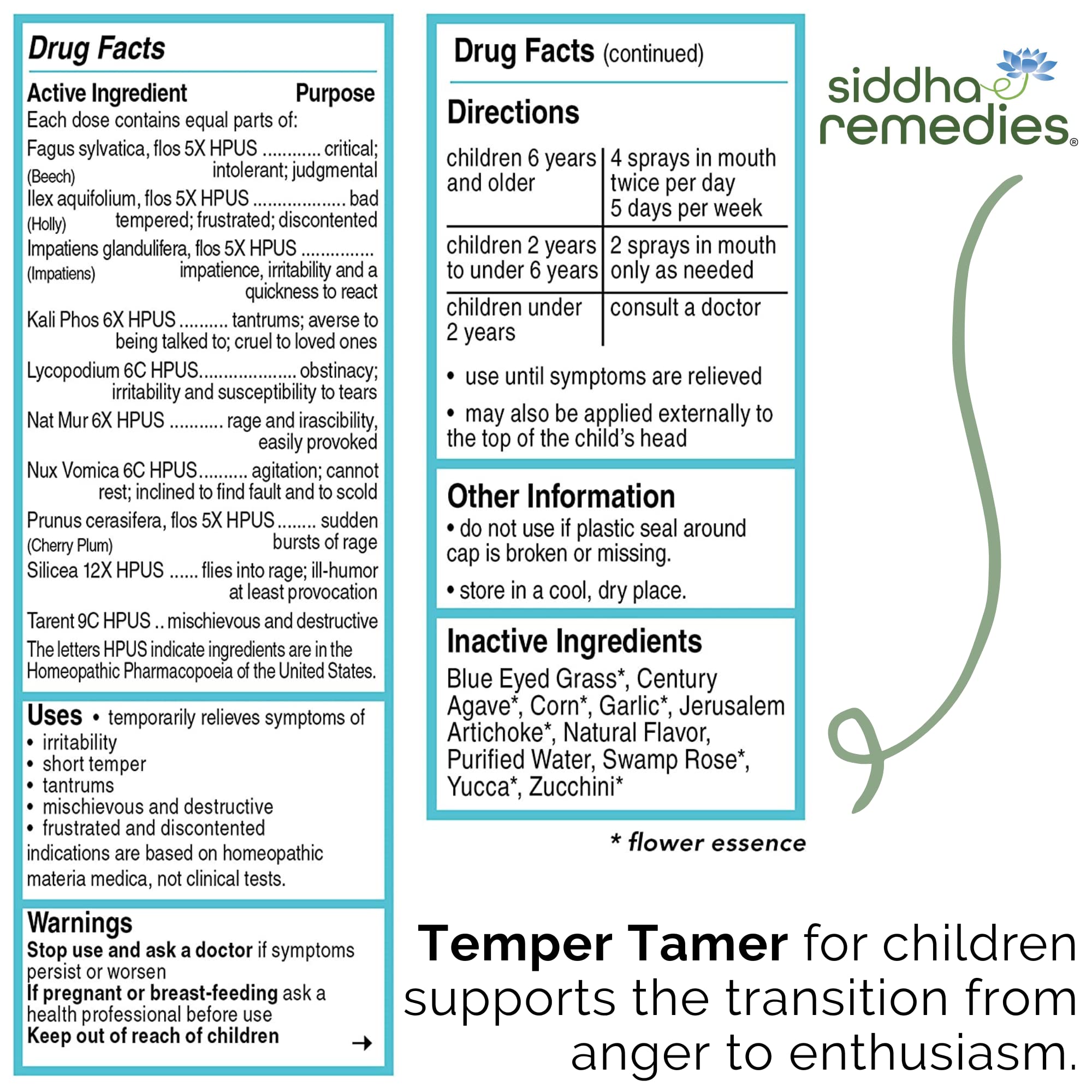 Siddha Remedies Temper Tamer Spray for Children with Tantrums, Short Temper | 100% Natural Homeopathic Remedy Ingredients, Cell