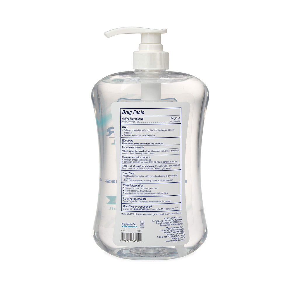 Dr. Talbots Refreshing Gel Hand Sanitizer with Easy Pump, Fragrance Free, 1 Liter, 33.81 Fl Oz
