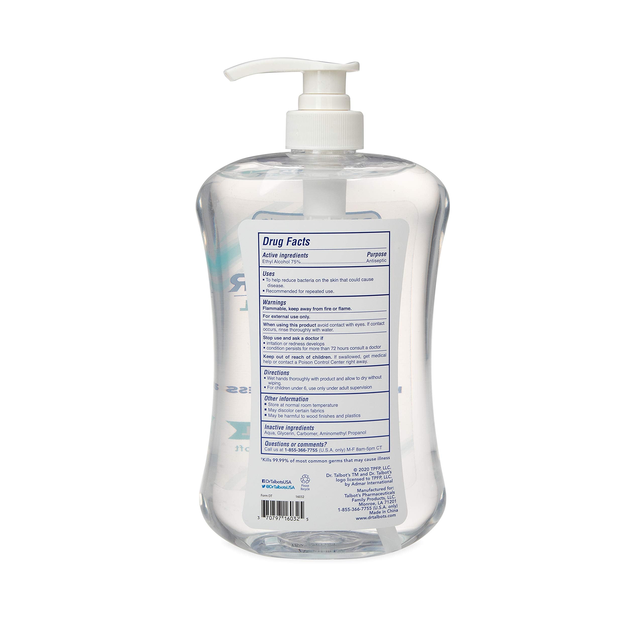 Dr. Talbots Refreshing Gel Hand Sanitizer with Easy Pump, Fragrance Free, 1 Liter, 33.81 Fl Oz