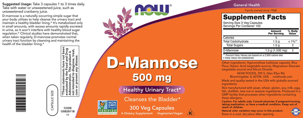 Now D-Mannose 500 mg, 300 Capsules - Vegan, Non GMO Supplement for Women and Men - Supports Healthy Urinary Tract, Cleanses The
