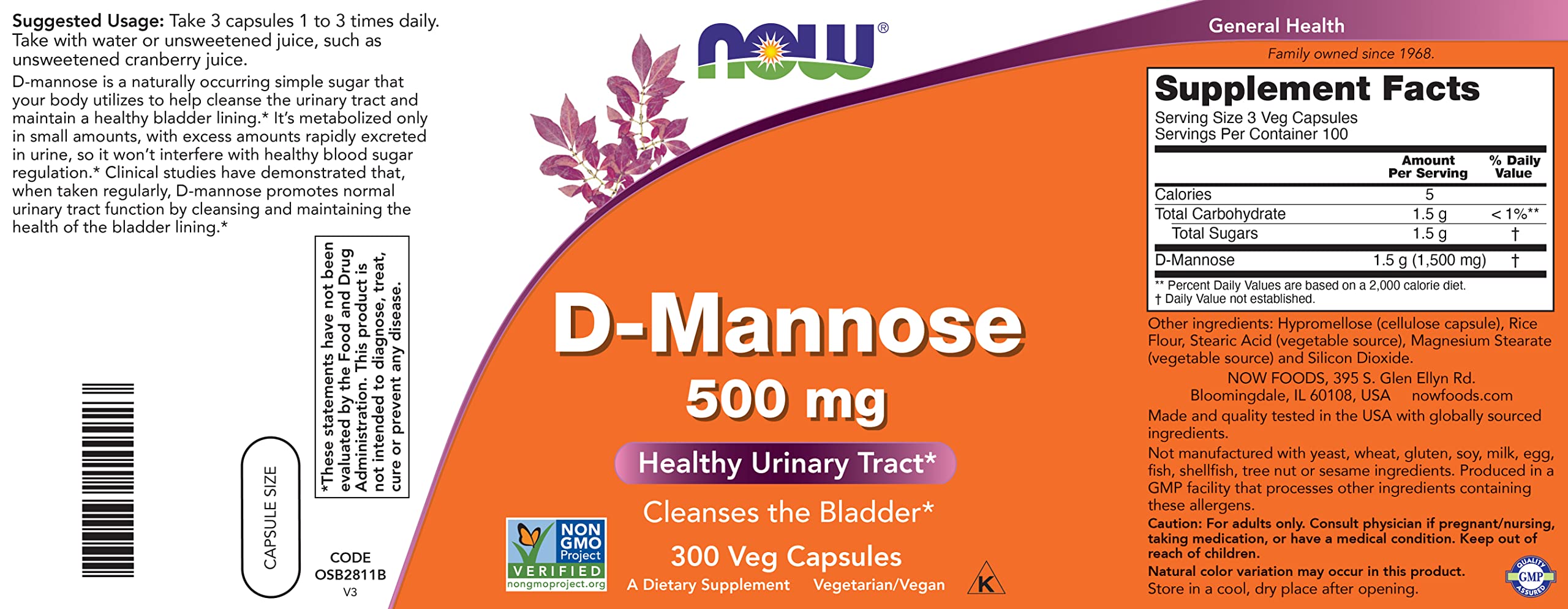 Now D-Mannose 500 mg, 300 Capsules - Vegan, Non GMO Supplement for Women and Men - Supports Healthy Urinary Tract, Cleanses The