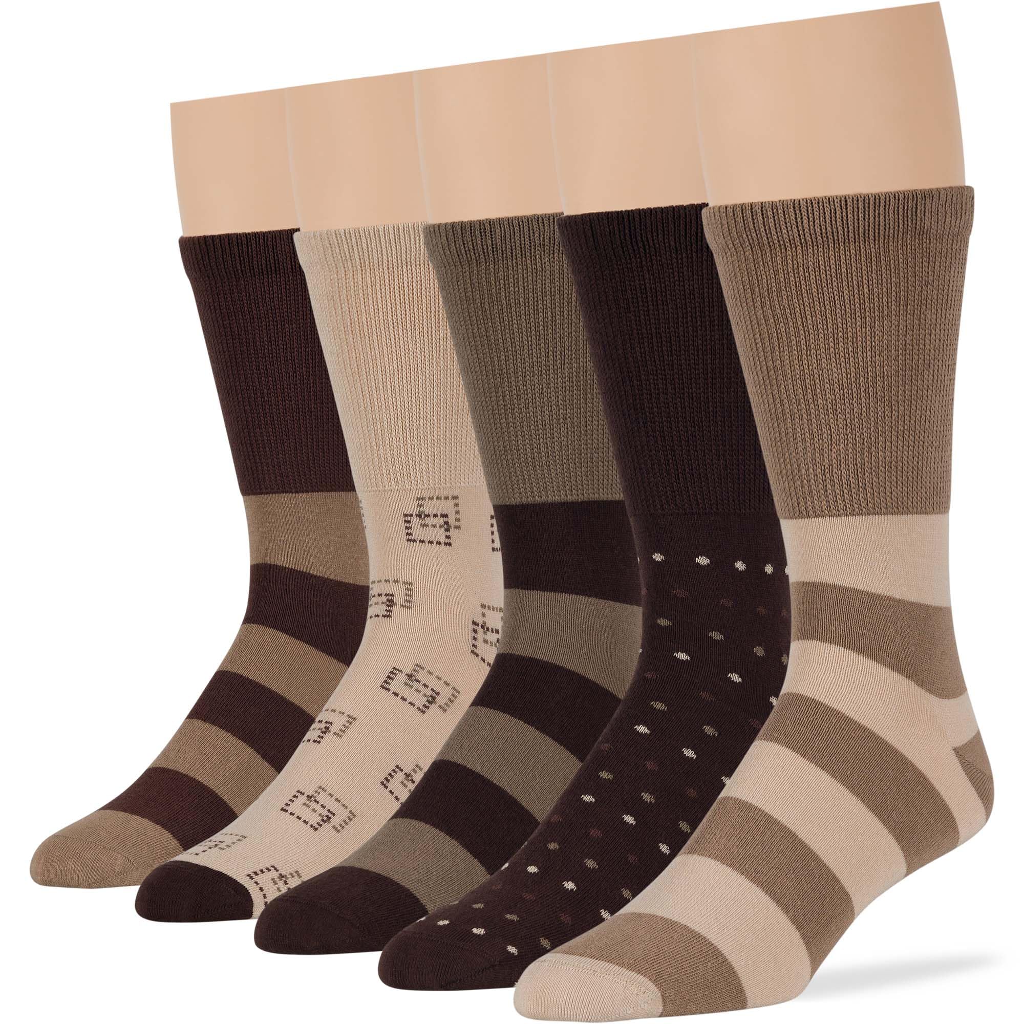 7BigStars Men's Diabetic Non-Binding Cotton Crew Socks - 5 Pack Big Tall - Stripe Pattern - Sock Size 13-15 Shoe Size 12-15 XL L