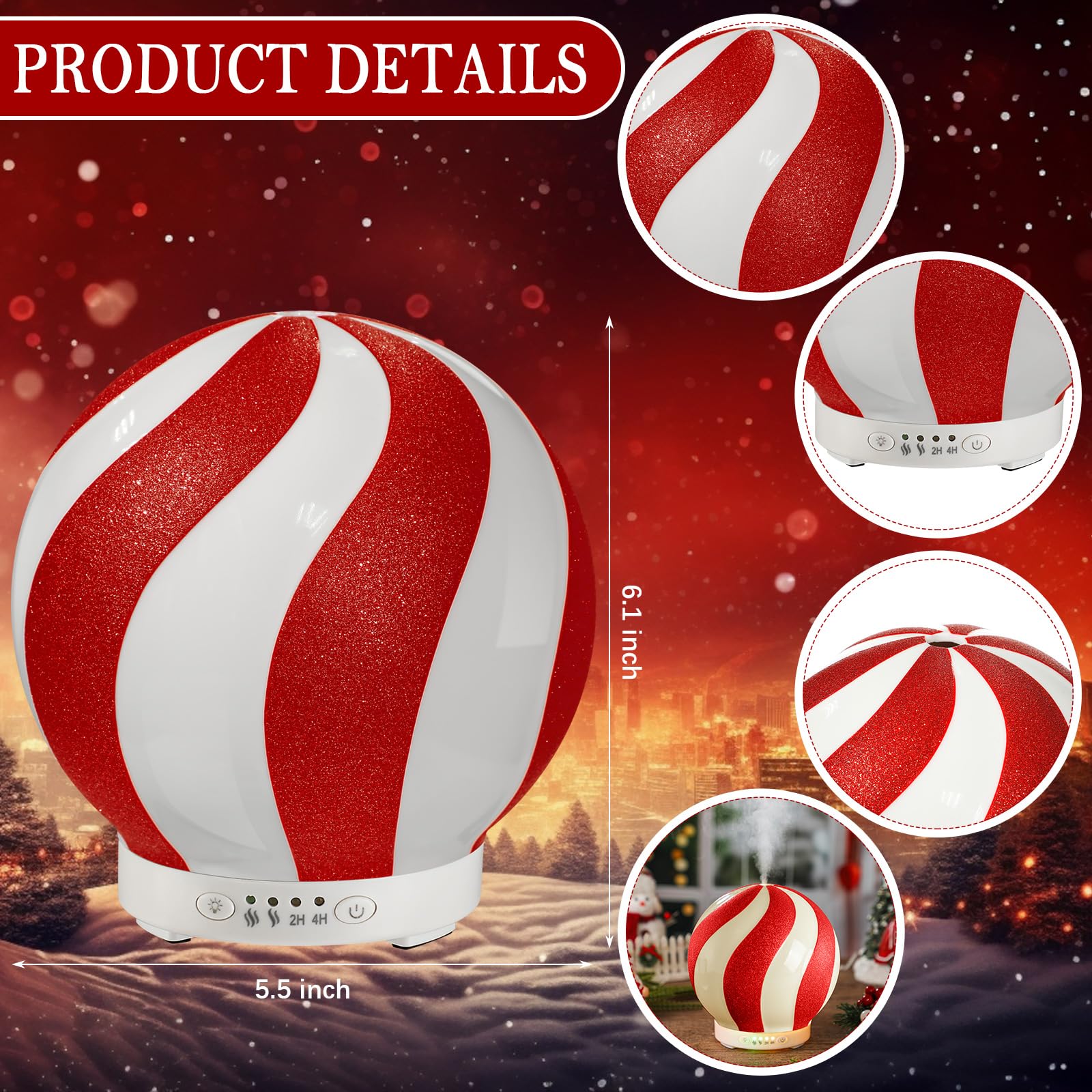 Rossesay Christmas Essential Oil Diffuser, 120ml Cute Ceramic Candy Cane Aromatherapy Humidifier, Holiday Xmas Home Table Decor