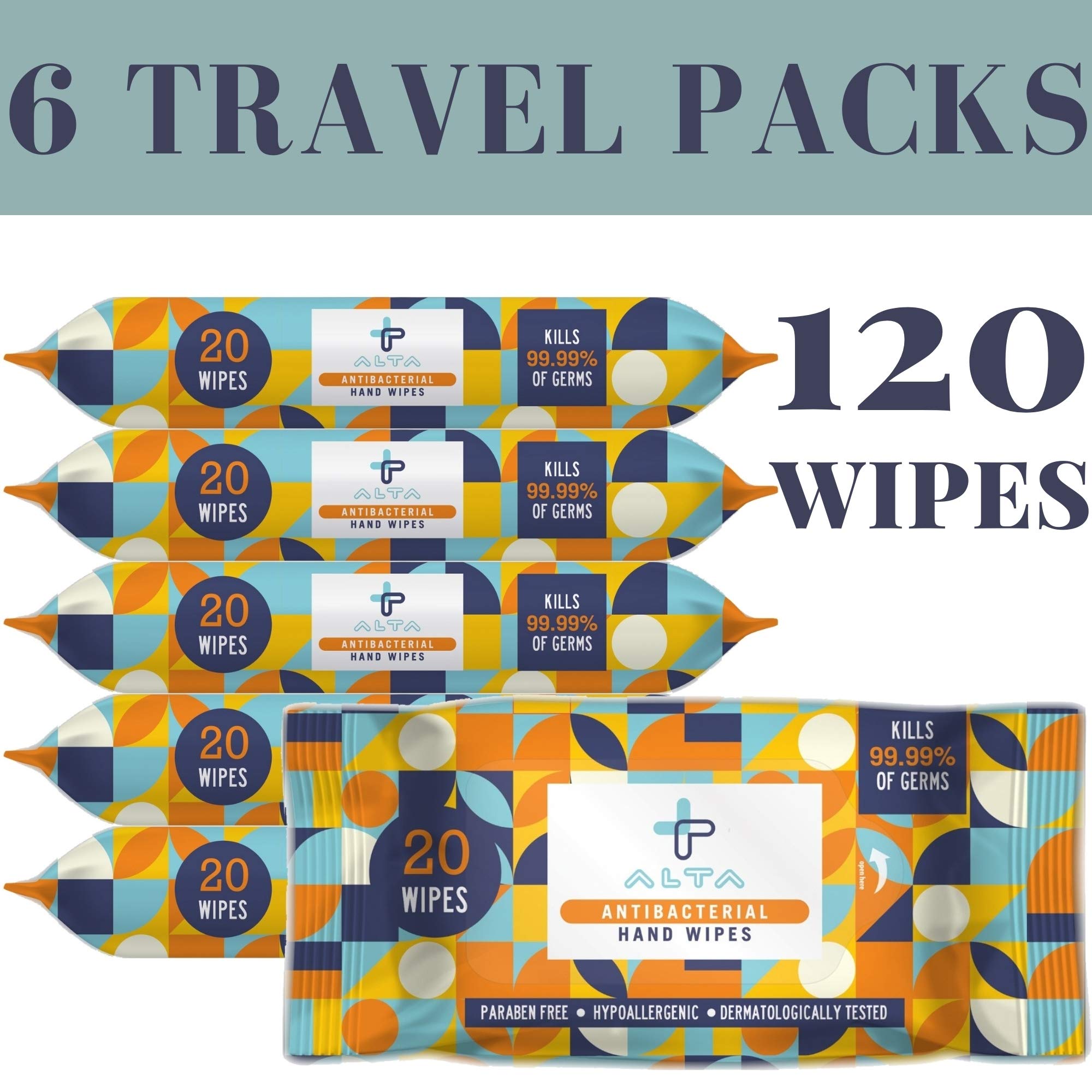 ALTA + Alcohol Free Hand Sanitizing Wipes, Travel Size, 20 Wipes, 6 Packs, Total 120 Pieces
