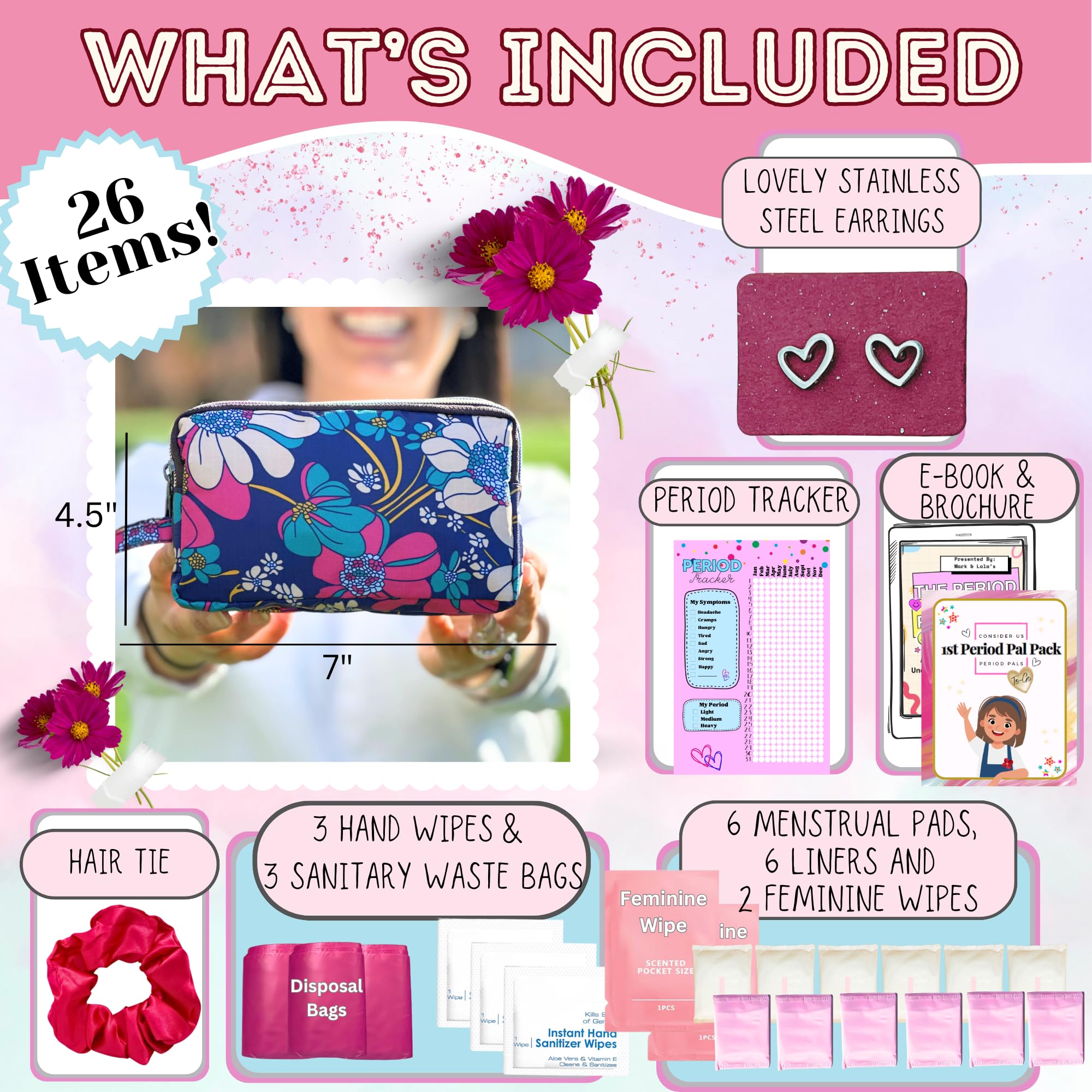 First Period Pal Pack to-Go Kit | 24 pcs | First Period Kit for Tweens | Teen Period Kit| Discrete Period Bag, Pads, Panty Liner