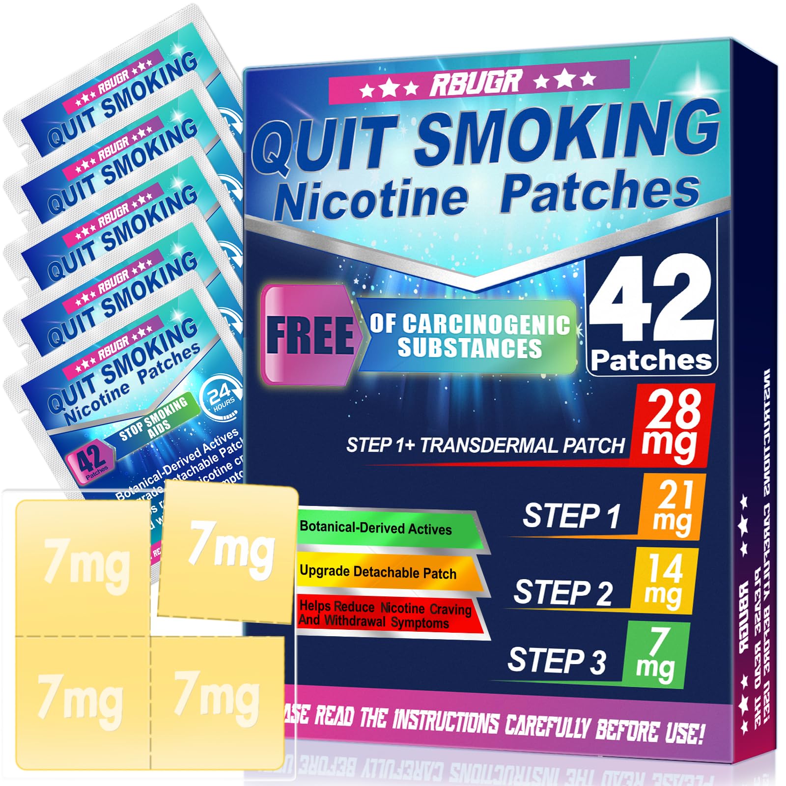 RBUGR Nicotine Patches 42 Pack - 28mg Stop Smoking Aids That Work with Adjustable Dosing (7mg/14mg/21mg) Quit Smoking Patches & 