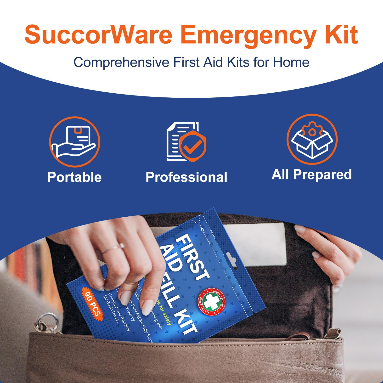 SuccorWare 90 Pieces First Aid Refill Kit - Wound Care Kit Includes Bandages for Home, Travel, Hiking - Portable Replacement Kit