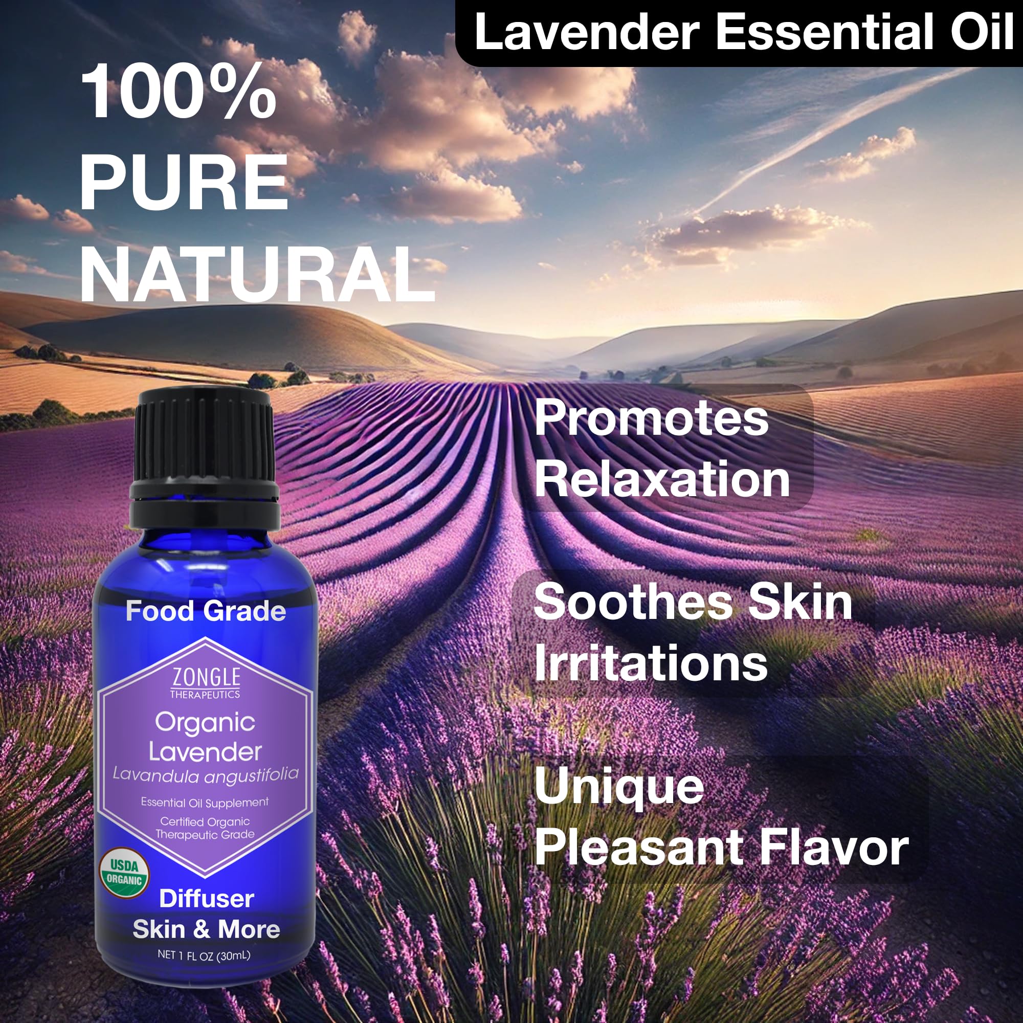 Organic, Lavender Essential Oil, Food Grade, for Drinks, Skin, Hair - 100% Pure, Lavender Oil, by Zongle Therapeutics, 1 OZ
